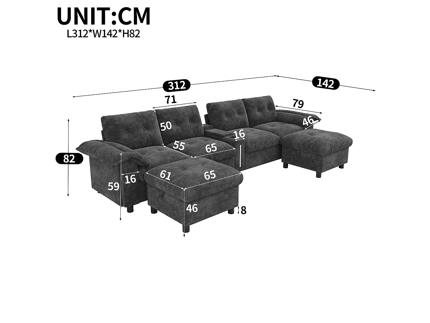 Canapé d'angle 6 places en forme de U ou de L – Inclut 2 poufs de rangement mobiles – Équipé de ports USB/Type-C et d'un éclairage LED – Gris
