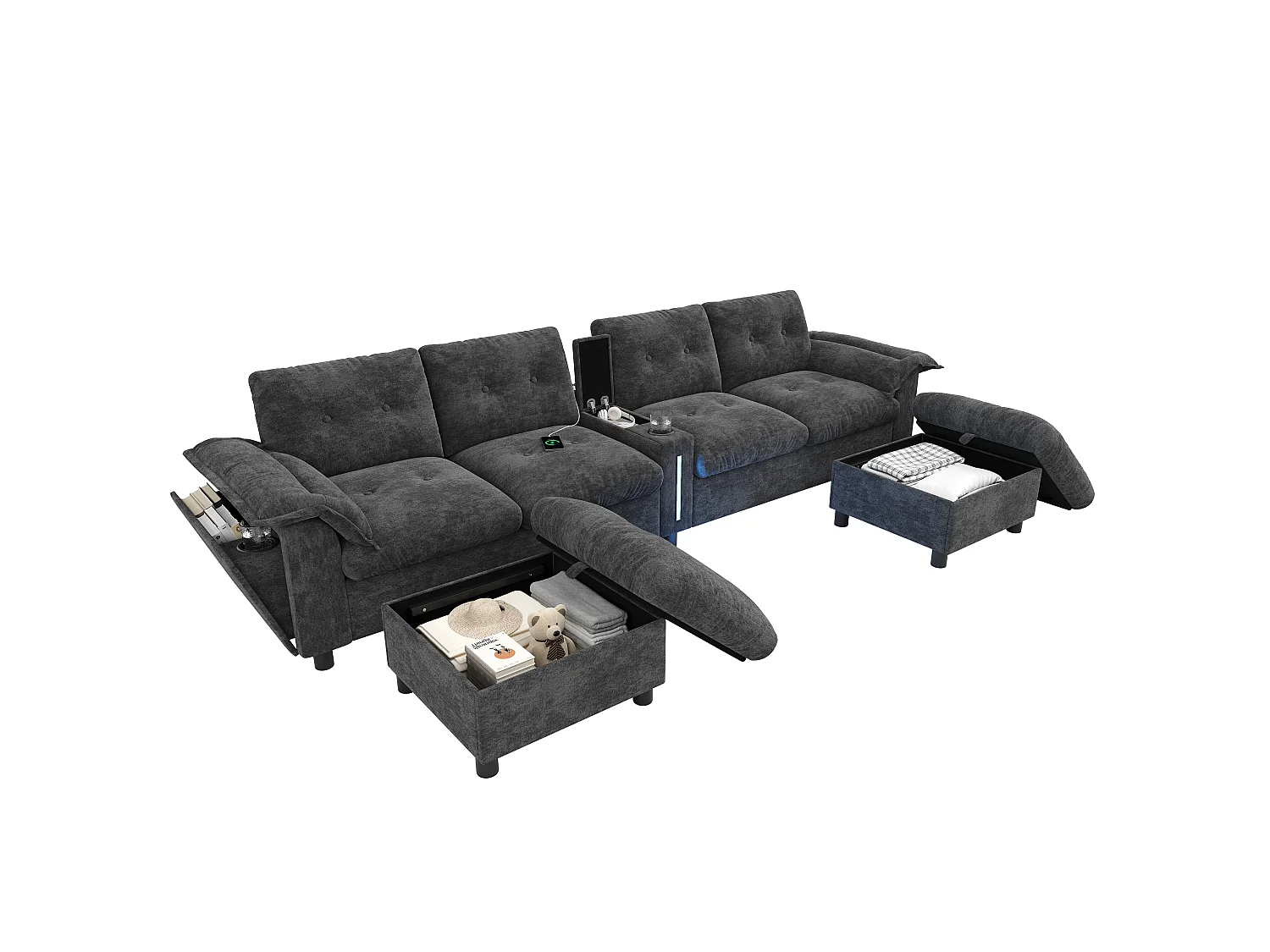 Canapé d'angle 6 places en forme de U ou de L – Inclut 2 poufs de rangement mobiles – Équipé de ports USB/Type-C et d'un éclairage LED – Gris