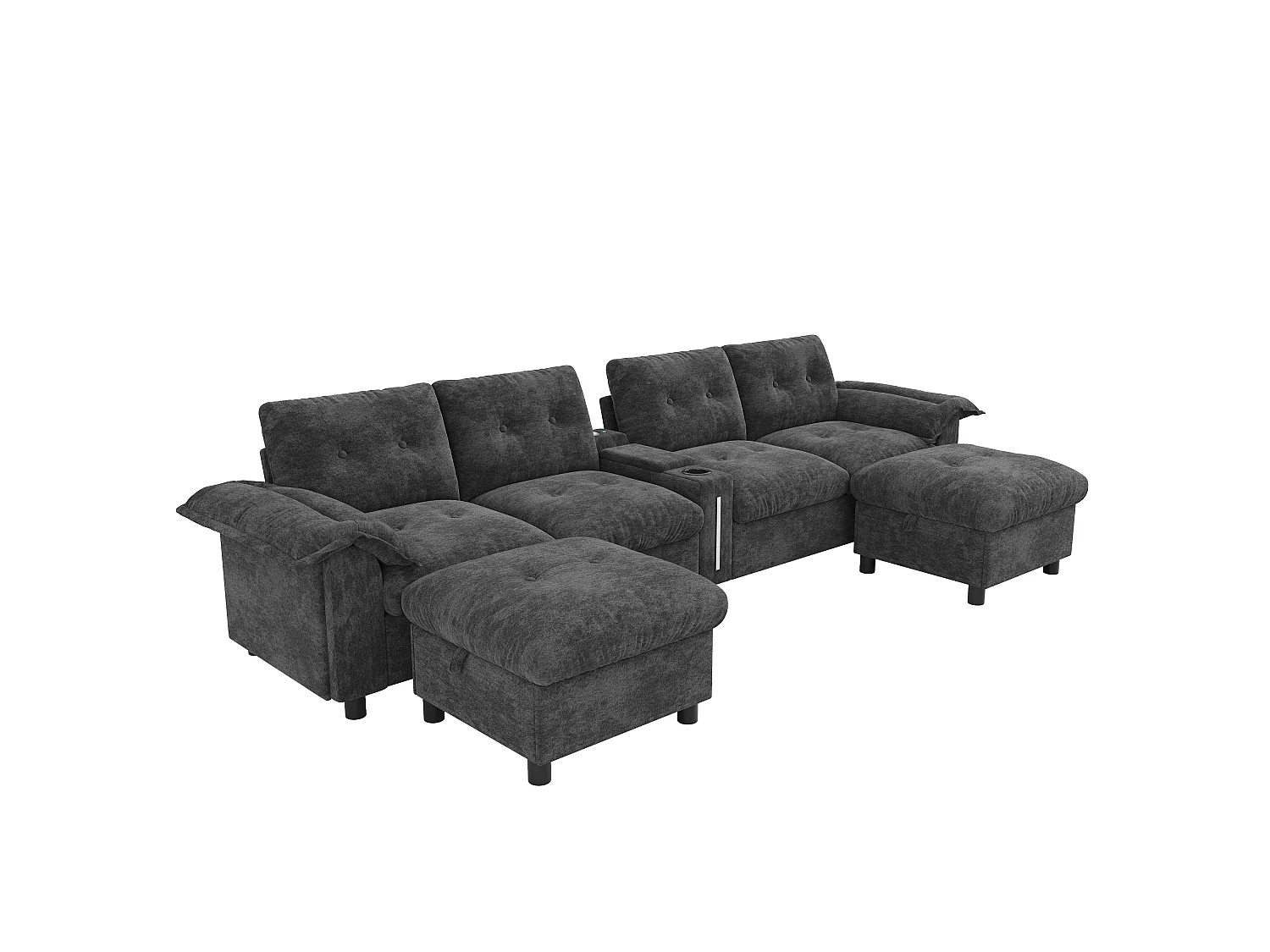 Canapé d'angle 6 places en forme de U ou de L – Inclut 2 poufs de rangement mobiles – Équipé de ports USB/Type-C et d'un éclairage LED – Gris