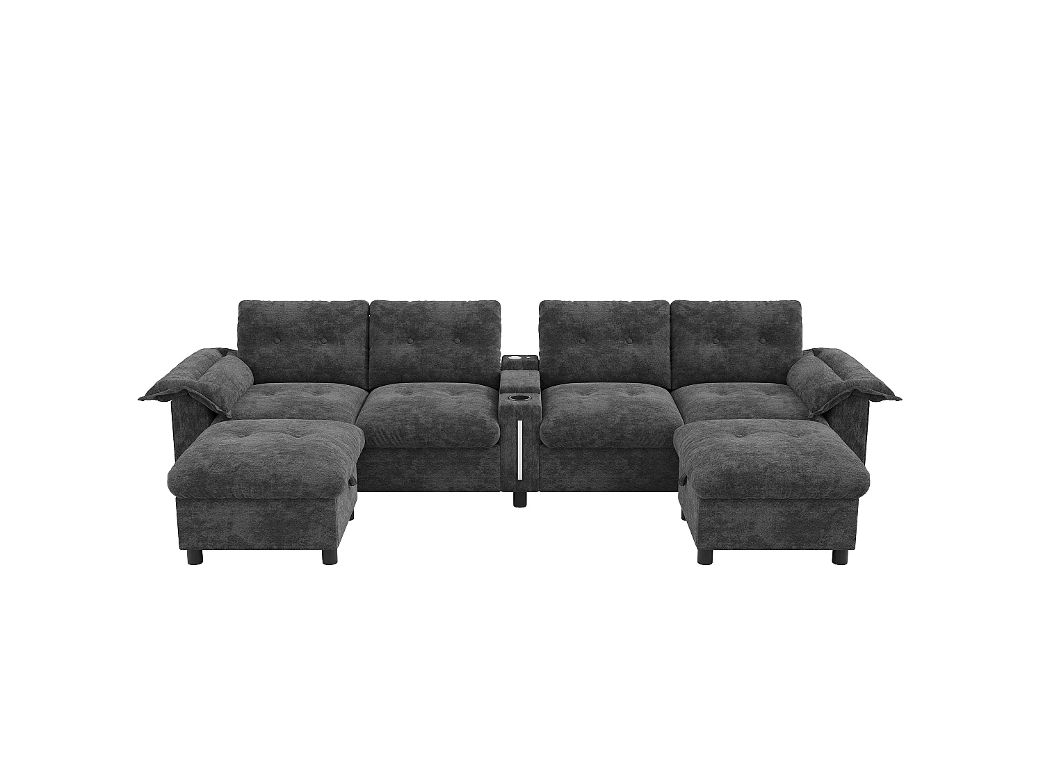Canapé d'angle 6 places en forme de U ou de L – Inclut 2 poufs de rangement mobiles – Équipé de ports USB/Type-C et d'un éclairage LED – Gris