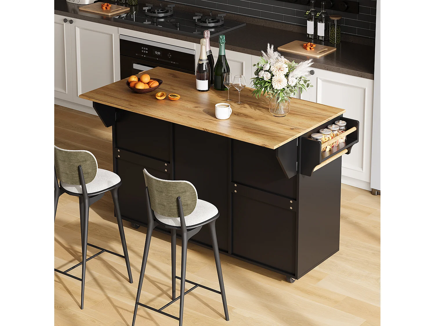 Ilha central de cozinha móvel - mesa de jantar dobrável - com 2 portas e 4 gavetas - com rodízios bloqueáveis - Preto