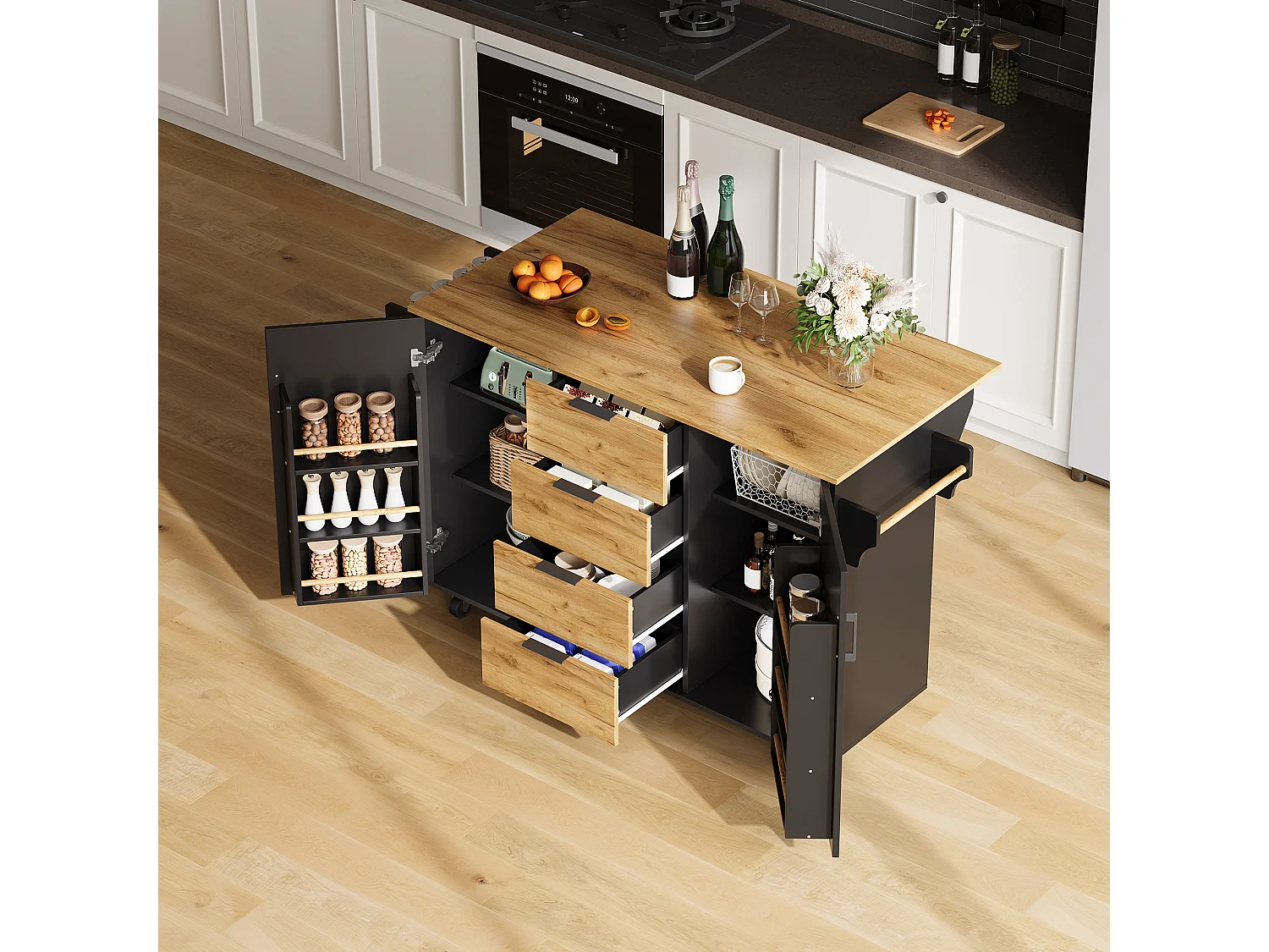 Ilha central de cozinha móvel - mesa de jantar dobrável - com 2 portas e 4 gavetas - com rodízios bloqueáveis - Preto