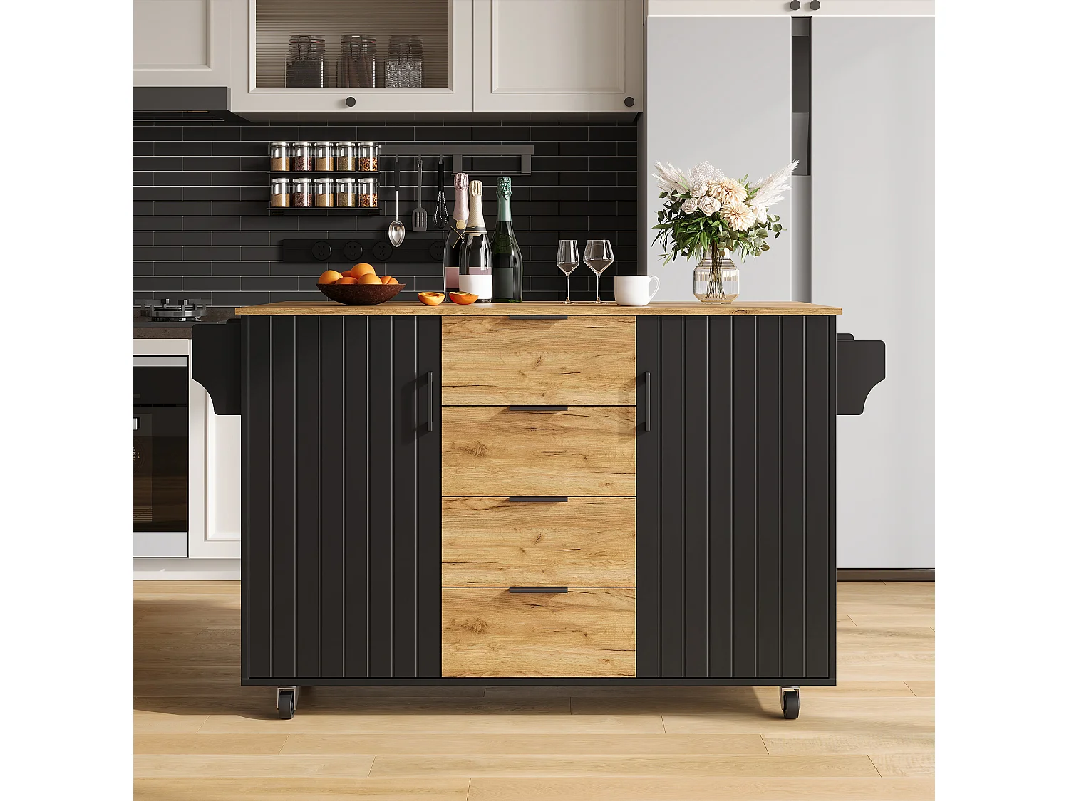 Ilha central de cozinha móvel - mesa de jantar dobrável - com 2 portas e 4 gavetas - com rodízios bloqueáveis - Preto