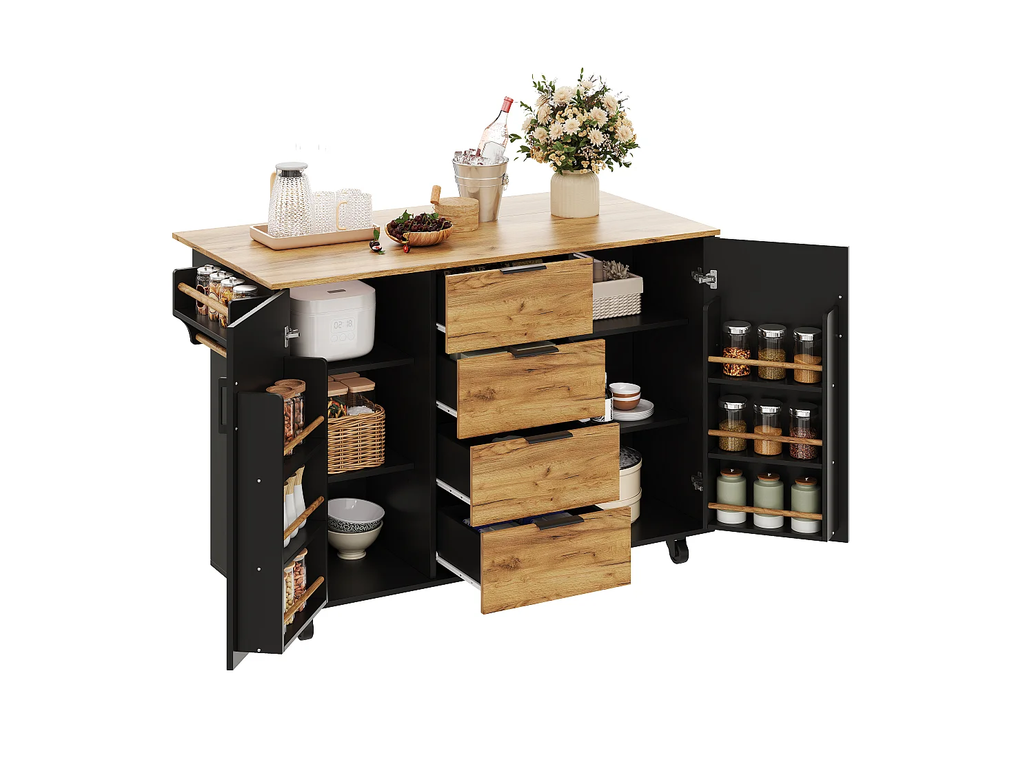 Ilha central de cozinha móvel - mesa de jantar dobrável - com 2 portas e 4 gavetas - com rodízios bloqueáveis - Preto