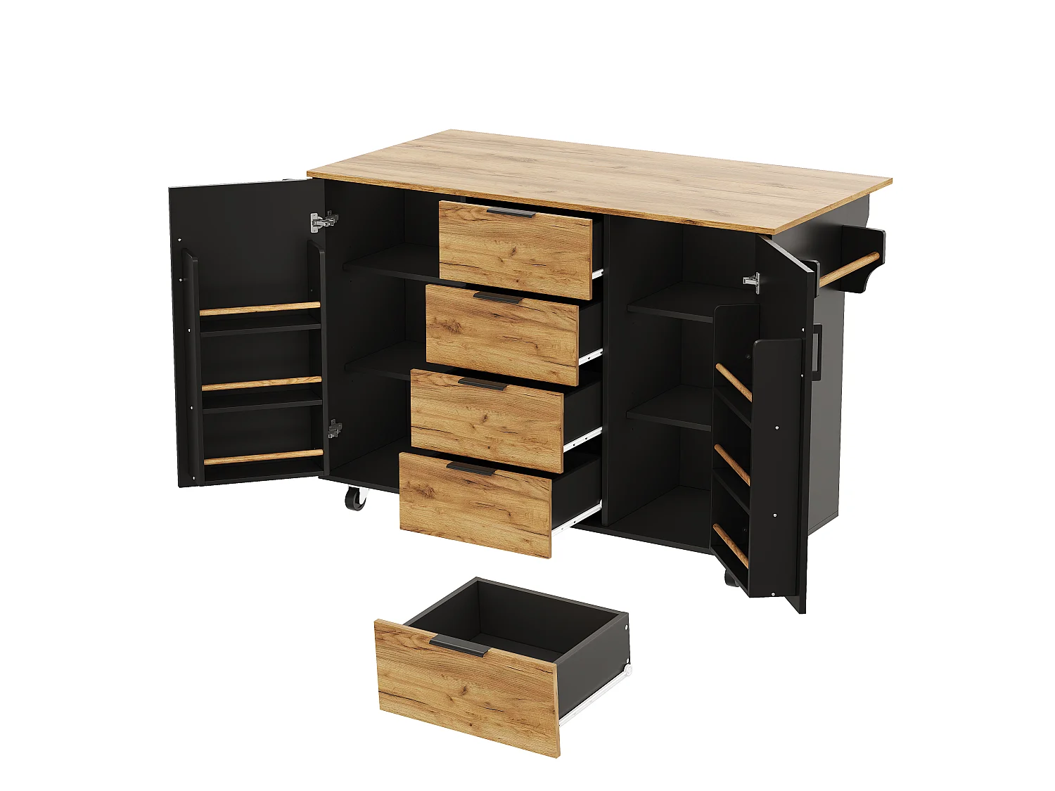 Ilha central de cozinha móvel - mesa de jantar dobrável - com 2 portas e 4 gavetas - com rodízios bloqueáveis - Preto