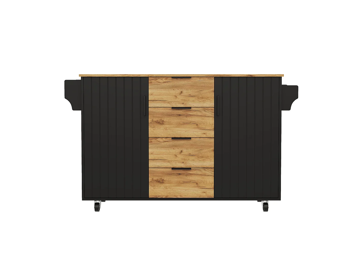 Ilha central de cozinha móvel - mesa de jantar dobrável - com 2 portas e 4 gavetas - com rodízios bloqueáveis - Preto