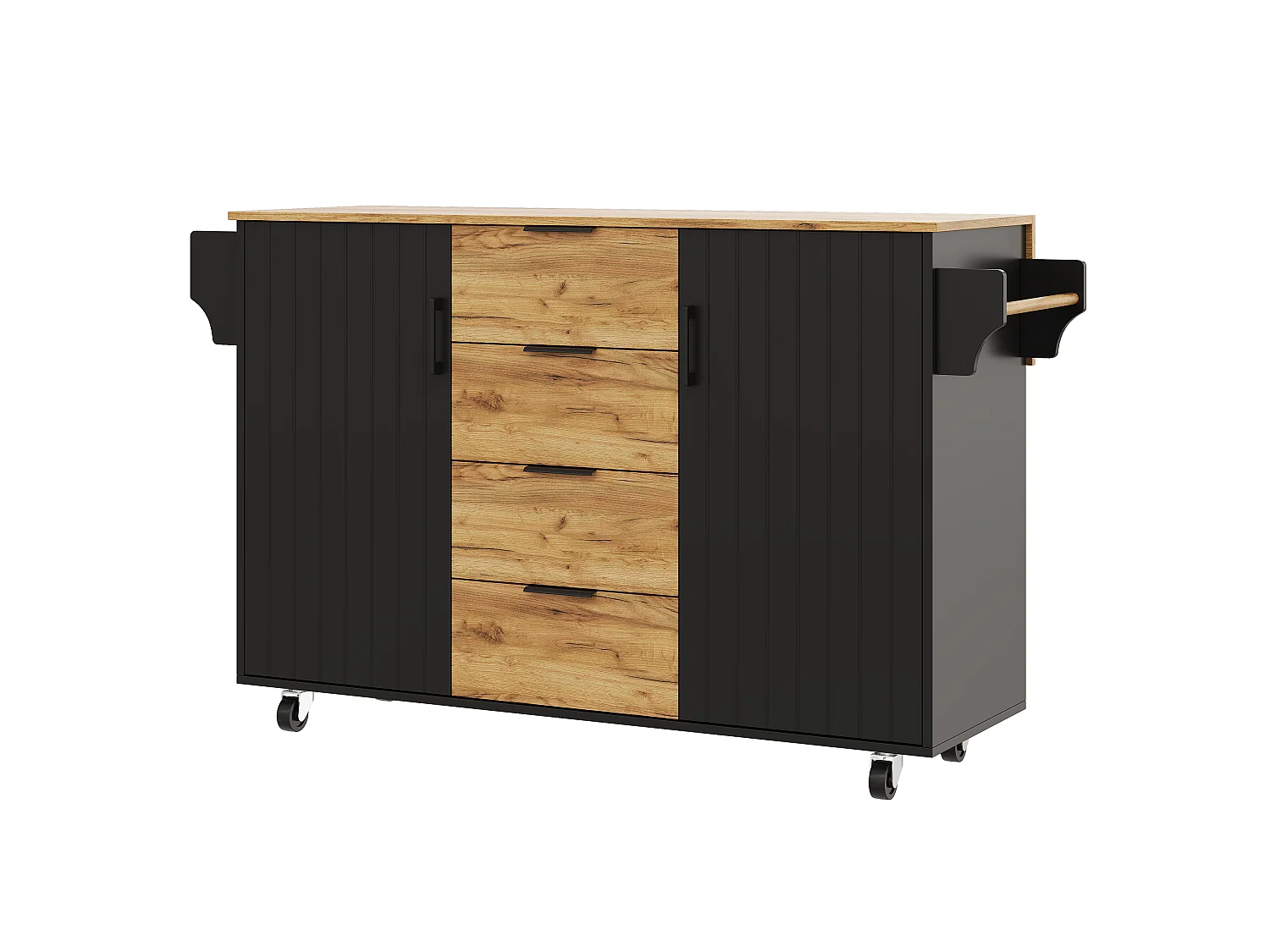 Ilha central de cozinha móvel - mesa de jantar dobrável - com 2 portas e 4 gavetas - com rodízios bloqueáveis - Preto