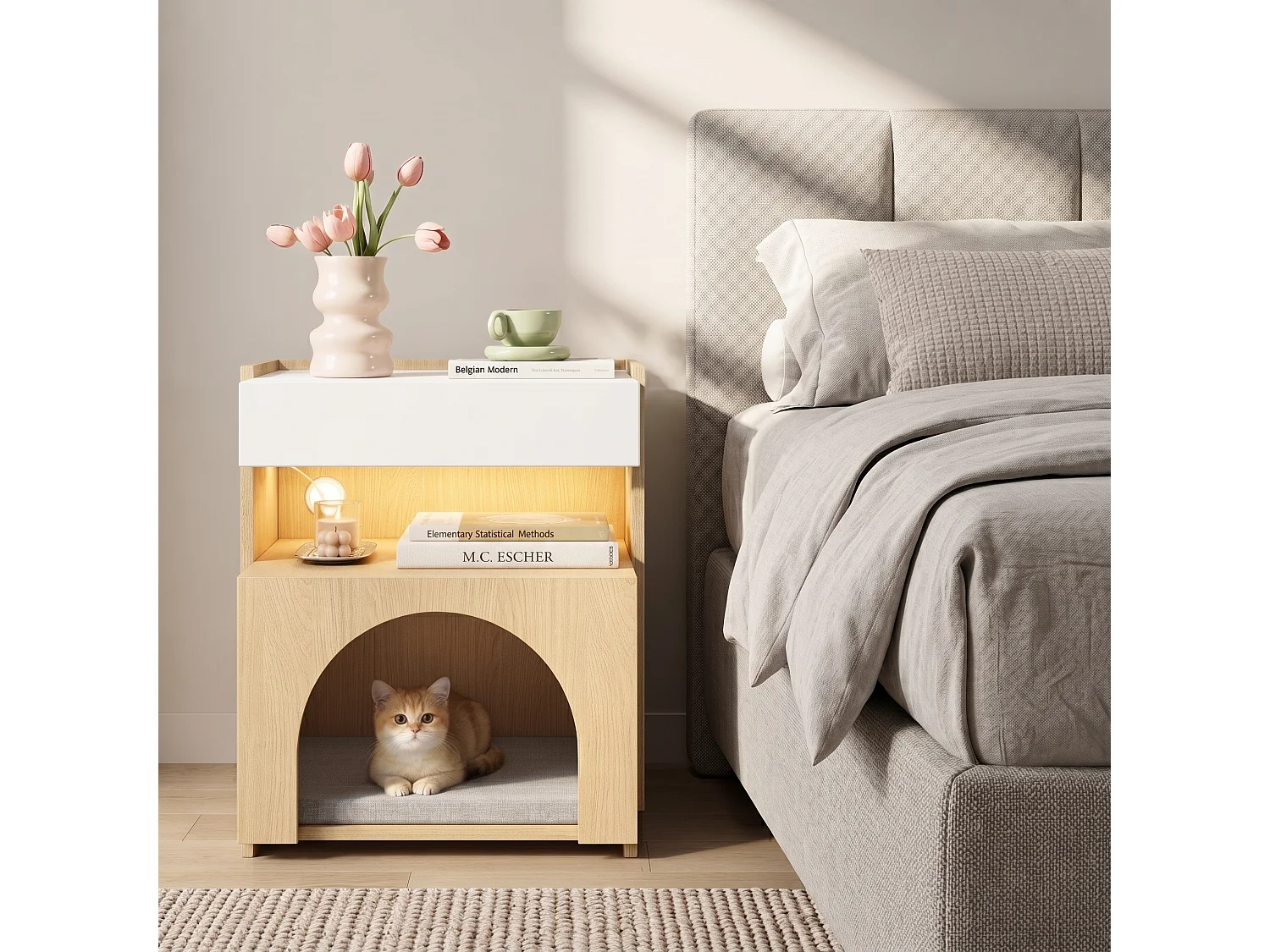 Table de Chevet pour Chat avec LED 47x58cm Blanc et Bois - Bout de Canapé Multifonction avec Niche, Tiroir & Éclairage - Style Scandinave - Blanc et Naturel