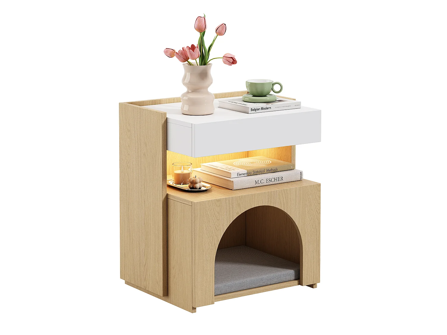 Table de Chevet pour Chat avec LED 47x58cm Blanc et Bois - Bout de Canapé Multifonction avec Niche, Tiroir & Éclairage - Style Scandinave - Blanc et Naturel