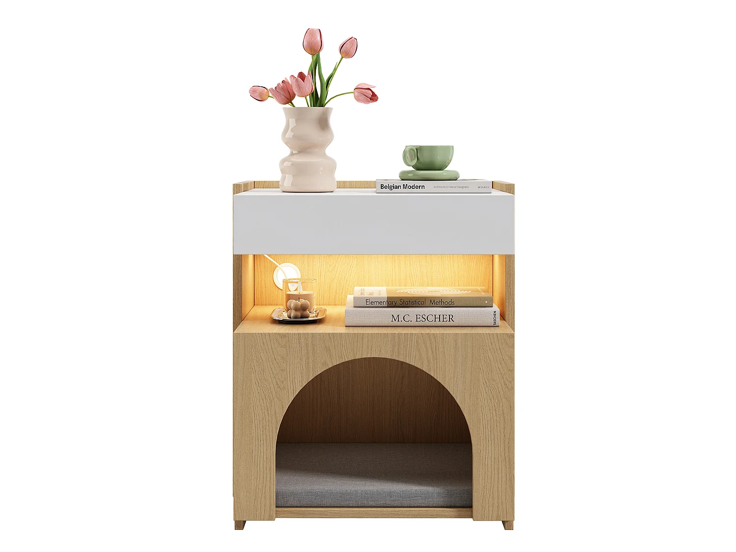 Table de Chevet pour Chat avec LED 47x58cm Blanc et Bois - Bout de Canapé Multifonction avec Niche, Tiroir & Éclairage - Style Scandinave - Blanc et Naturel