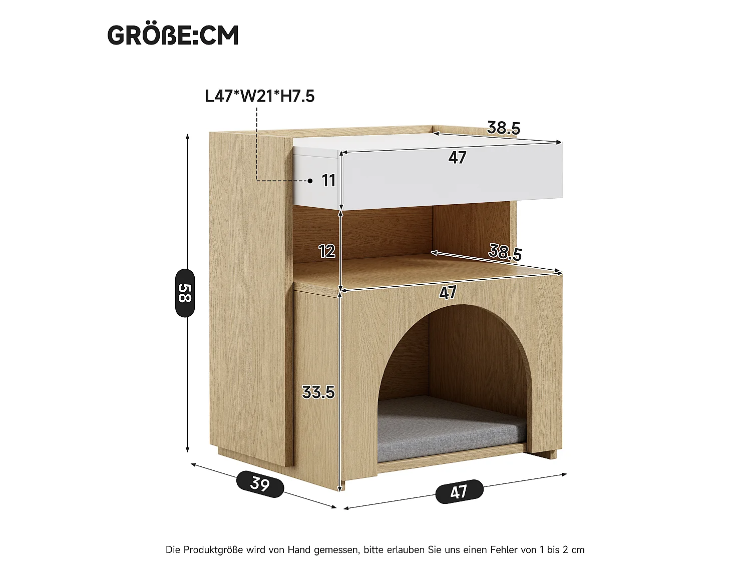 Table de Chevet pour Chat avec LED 47x58cm Blanc et Bois - Bout de Canapé Multifonction avec Niche, Tiroir & Éclairage - Style Scandinave - Blanc et Naturel