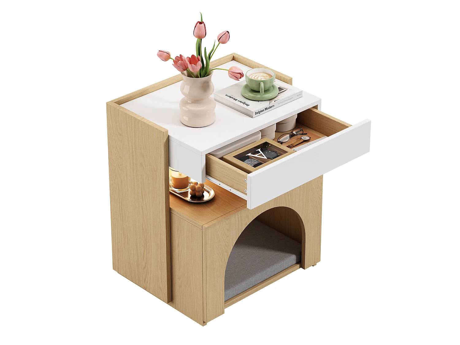 Table de Chevet pour Chat avec LED 47x58cm Blanc et Bois - Bout de Canapé Multifonction avec Niche, Tiroir & Éclairage - Style Scandinave - Blanc et Naturel