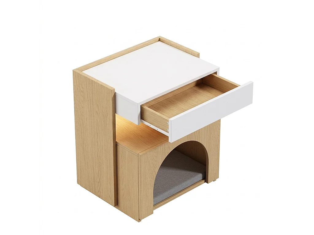 Table de Chevet pour Chat avec LED 47x58cm Blanc et Bois - Bout de Canapé Multifonction avec Niche, Tiroir & Éclairage - Style Scandinave - Blanc et Naturel