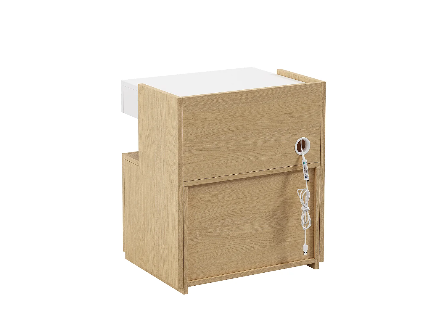 Table de Chevet pour Chat avec LED 47x58cm Blanc et Bois - Bout de Canapé Multifonction avec Niche, Tiroir & Éclairage - Style Scandinave - Blanc et Naturel