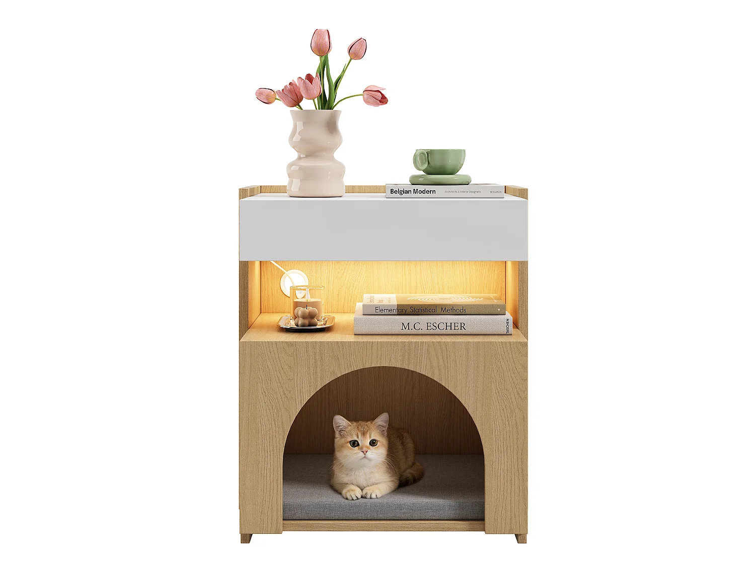 Table de Chevet pour Chat avec LED 47x58cm Blanc et Bois - Bout de Canapé Multifonction avec Niche, Tiroir & Éclairage - Style Scandinave - Blanc et Naturel