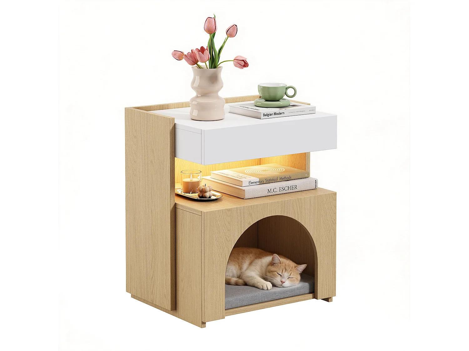Table de Chevet pour Chat avec LED 47x58cm Blanc et Bois - Bout de Canapé Multifonction avec Niche, Tiroir & Éclairage - Style Scandinave - Blanc et Naturel