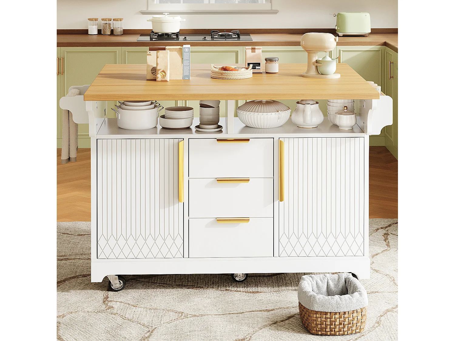 Wyspa kuchenna mobilna 120-197cm - Wózek serwisowy ze składanymi półkami, drzwiami z pionowym wzorem, ergonomiczną wysokością 95cm i kółkami - Biały i dębowy