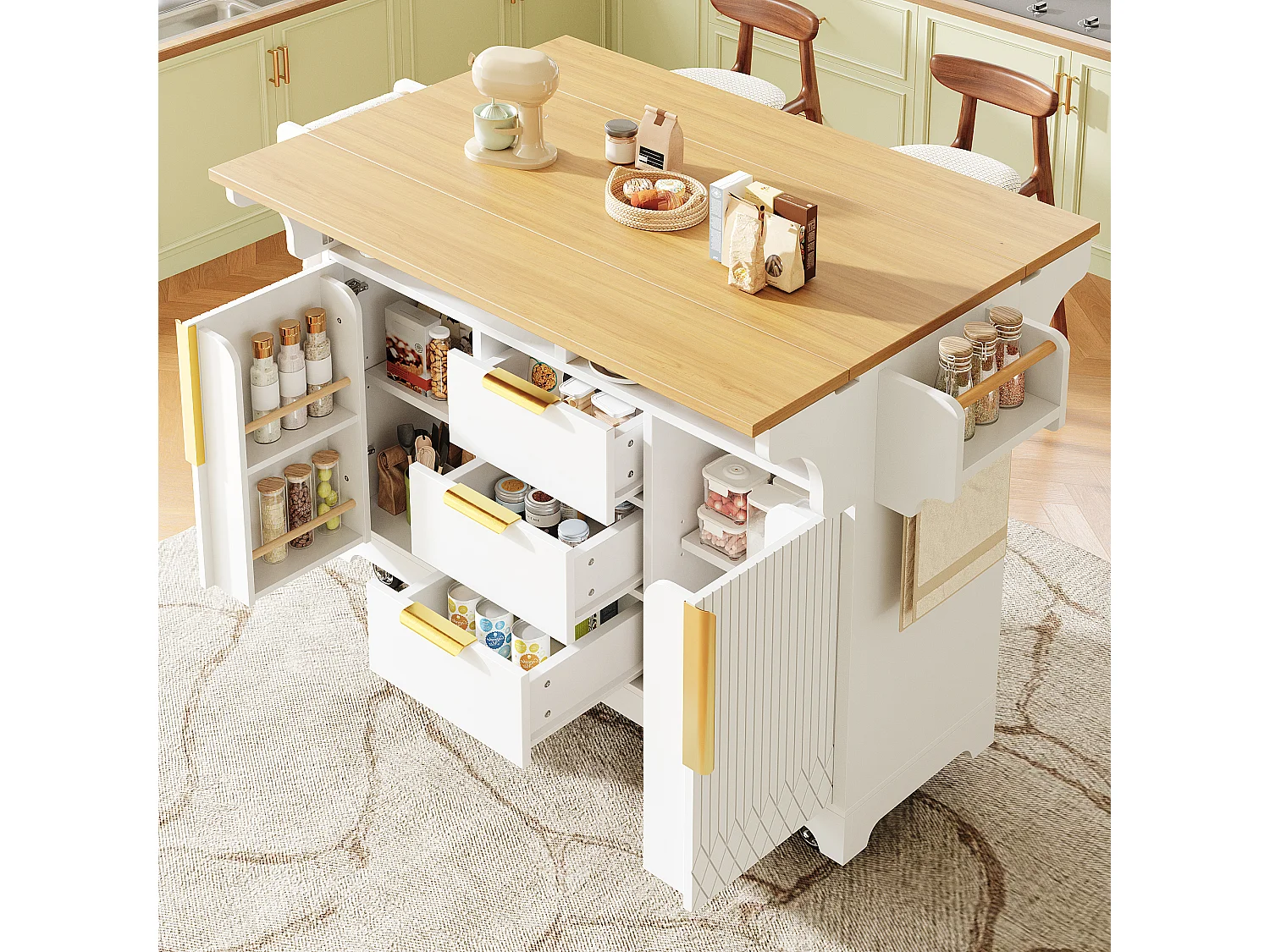 Wyspa kuchenna mobilna 120-197cm - Wózek serwisowy ze składanymi półkami, drzwiami z pionowym wzorem, ergonomiczną wysokością 95cm i kółkami - Biały i dębowy