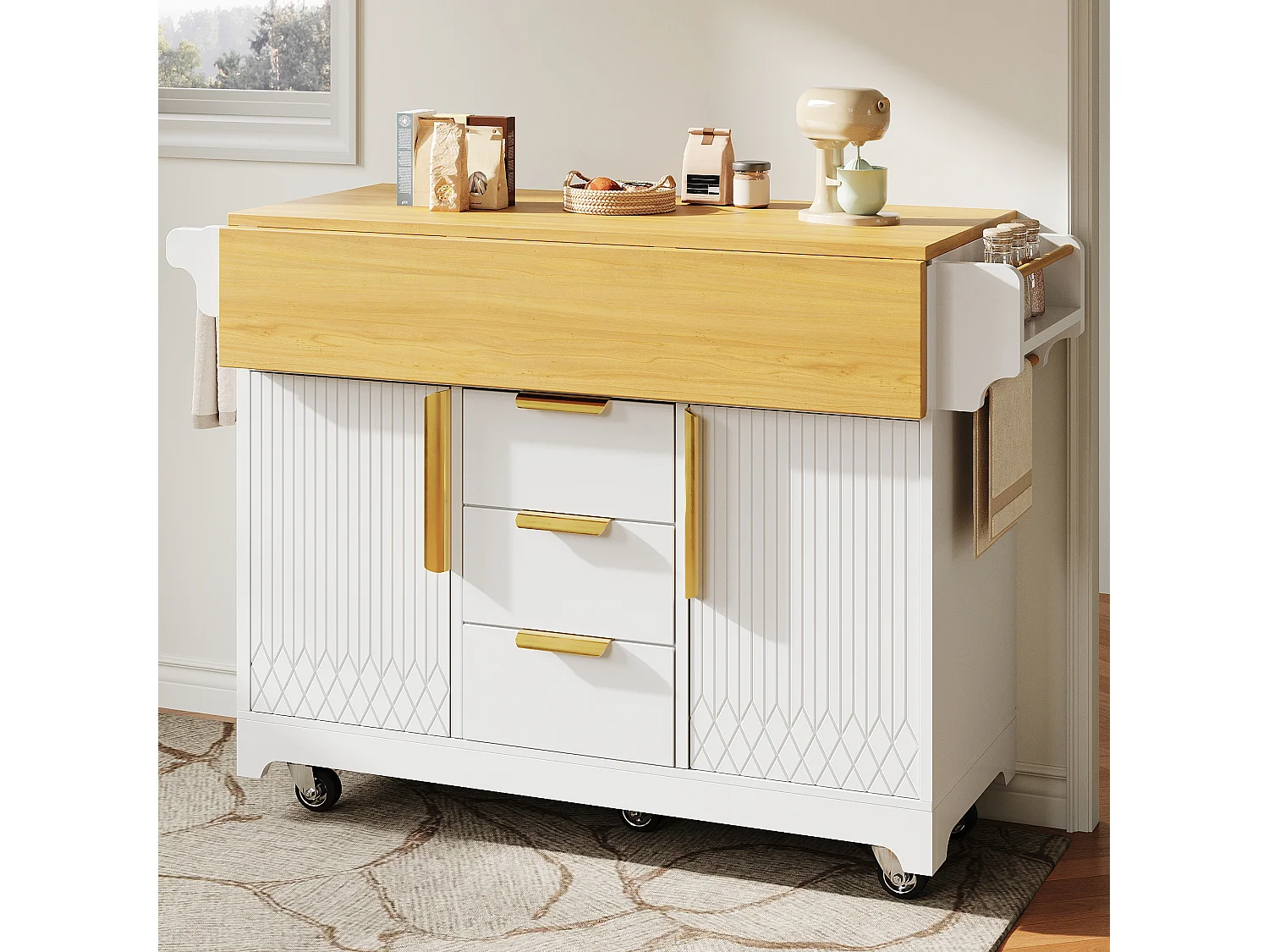 Wyspa kuchenna mobilna 120-197cm - Wózek serwisowy ze składanymi półkami, drzwiami z pionowym wzorem, ergonomiczną wysokością 95cm i kółkami - Biały i dębowy