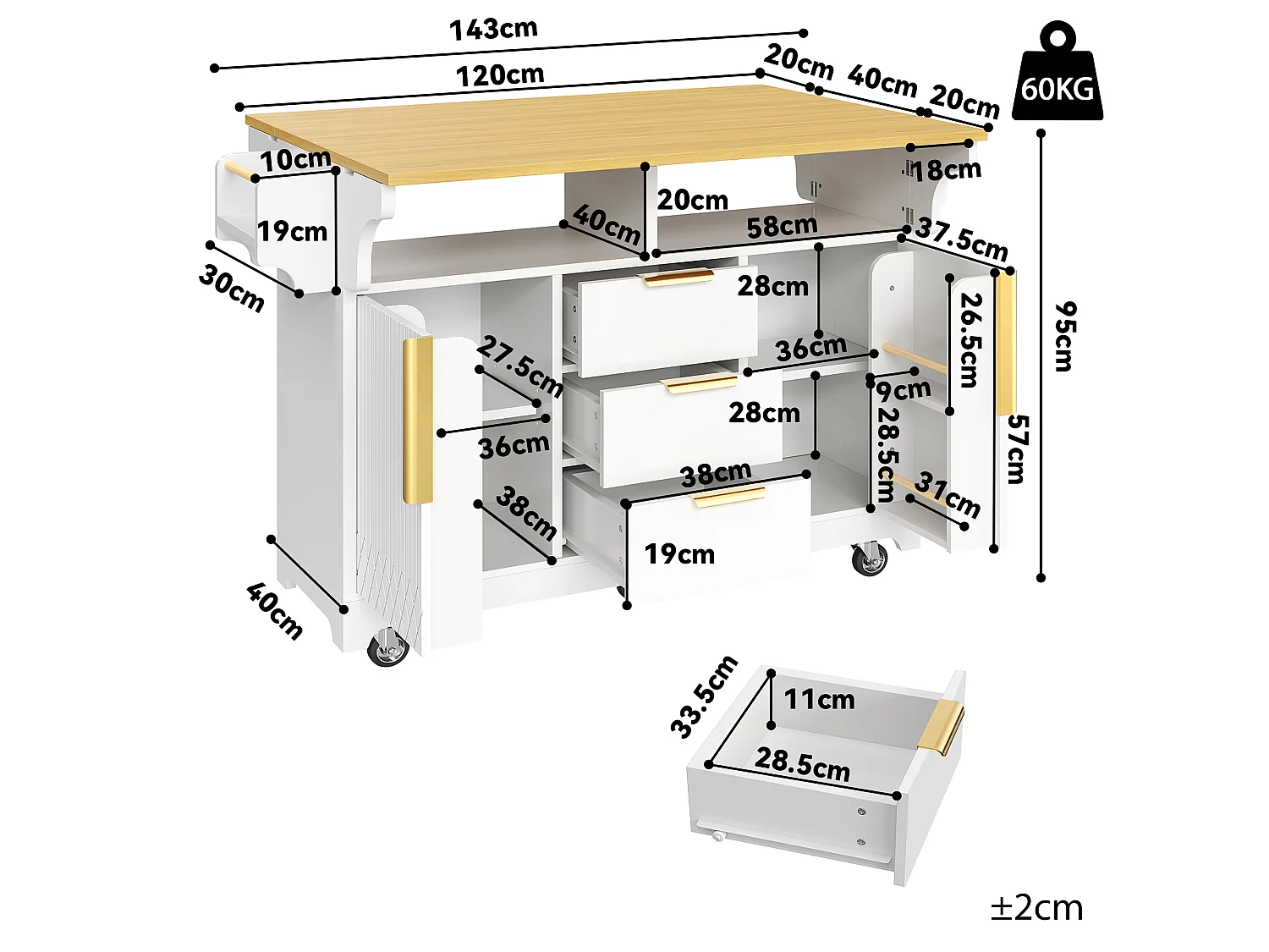 Wyspa kuchenna mobilna 120-197cm - Wózek serwisowy ze składanymi półkami, drzwiami z pionowym wzorem, ergonomiczną wysokością 95cm i kółkami - Biały i dębowy