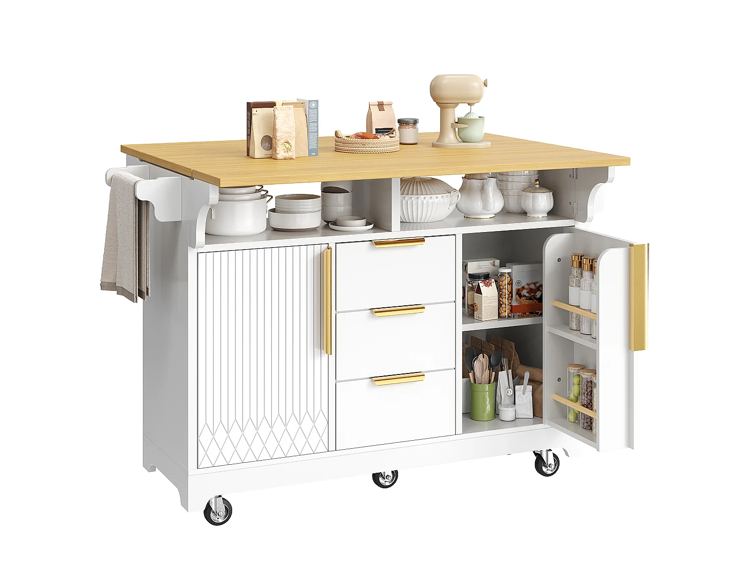 Wyspa kuchenna mobilna 120-197cm - Wózek serwisowy ze składanymi półkami, drzwiami z pionowym wzorem, ergonomiczną wysokością 95cm i kółkami - Biały i dębowy