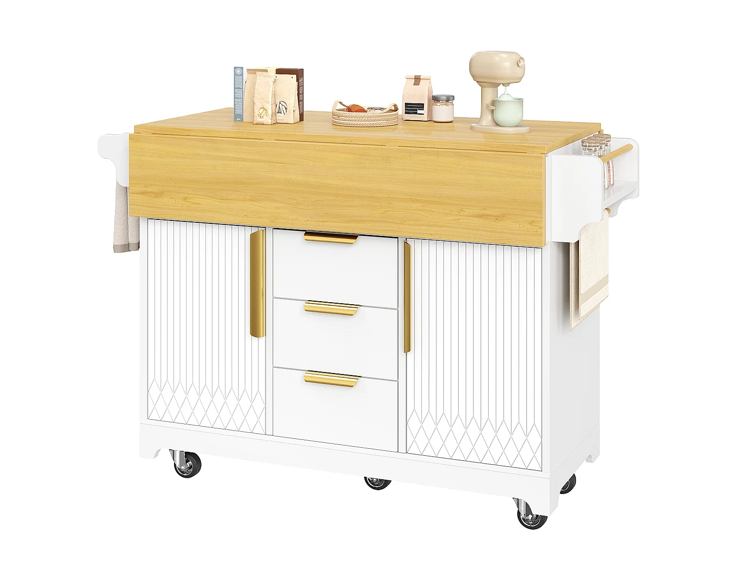 Wyspa kuchenna mobilna 120-197cm - Wózek serwisowy ze składanymi półkami, drzwiami z pionowym wzorem, ergonomiczną wysokością 95cm i kółkami - Biały i dębowy