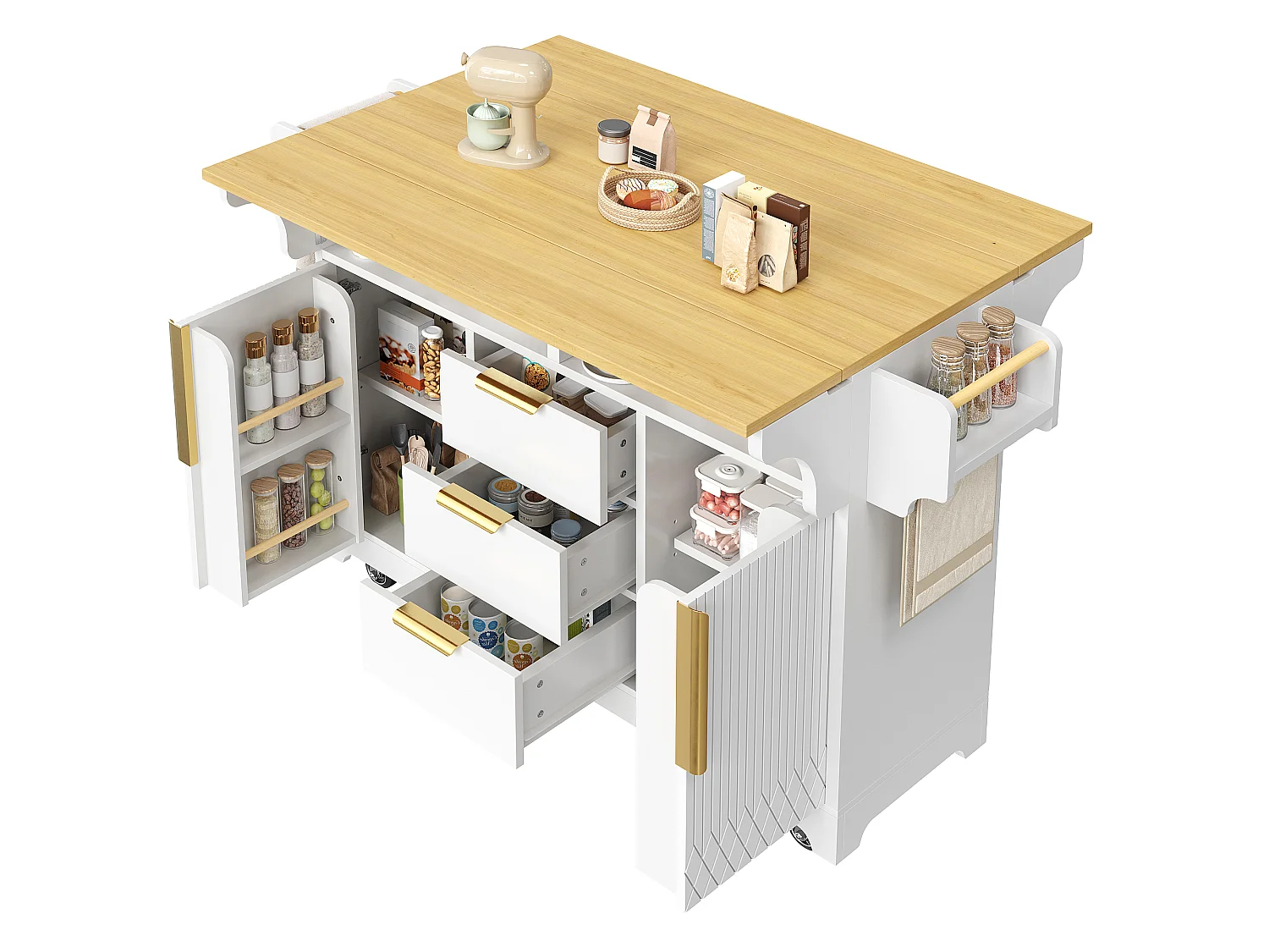 Wyspa kuchenna mobilna 120-197cm - Wózek serwisowy ze składanymi półkami, drzwiami z pionowym wzorem, ergonomiczną wysokością 95cm i kółkami - Biały i dębowy