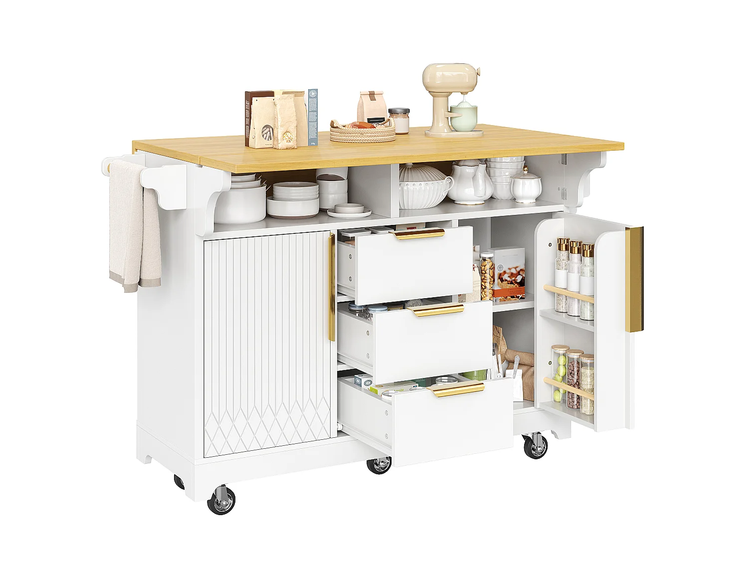 Wyspa kuchenna mobilna 120-197cm - Wózek serwisowy ze składanymi półkami, drzwiami z pionowym wzorem, ergonomiczną wysokością 95cm i kółkami - Biały i dębowy