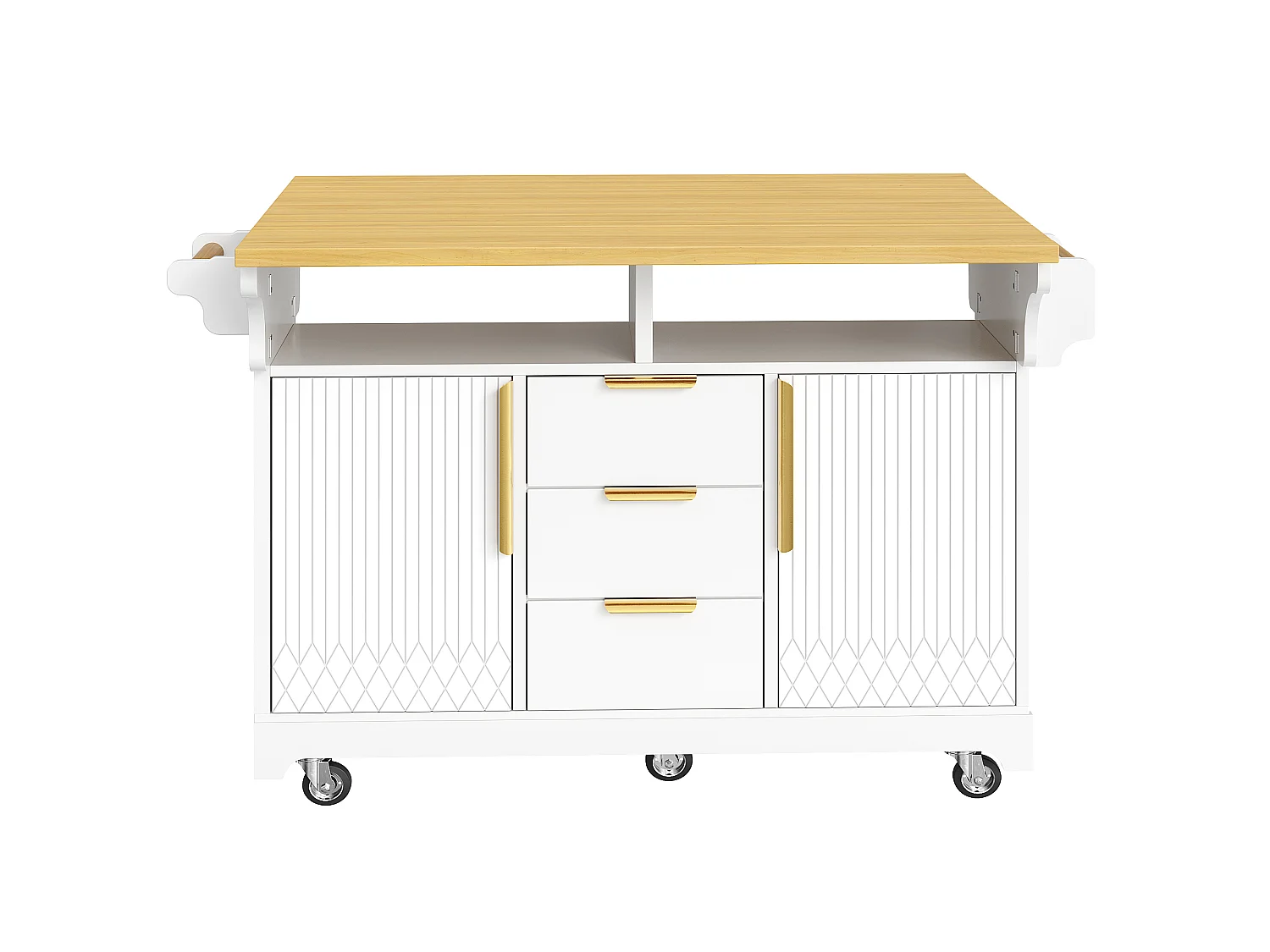 Wyspa kuchenna mobilna 120-197cm - Wózek serwisowy ze składanymi półkami, drzwiami z pionowym wzorem, ergonomiczną wysokością 95cm i kółkami - Biały i dębowy