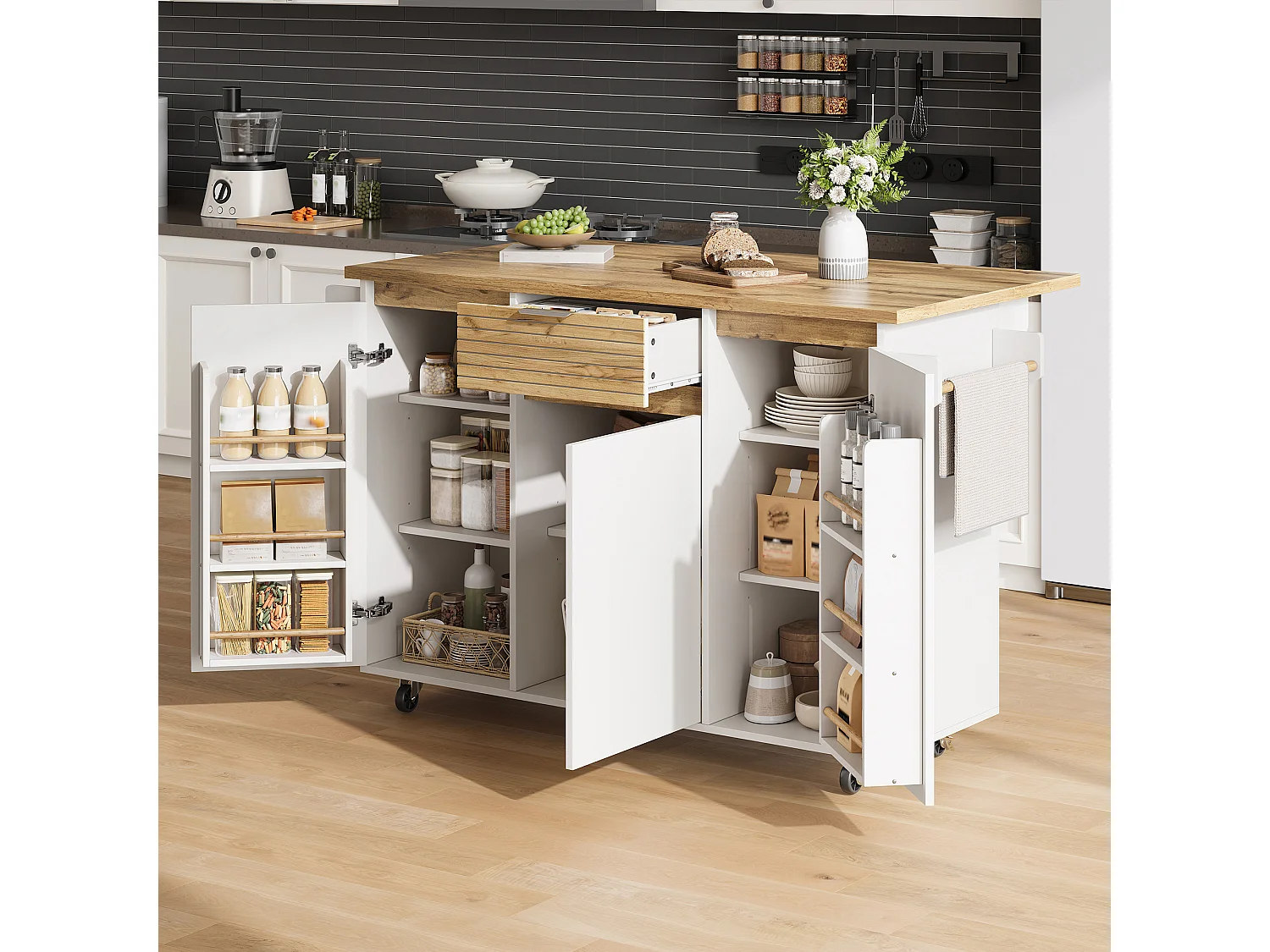 Îlot central de cuisine mobile - table à manger pliable - avec 3 portes et 1 tiroir - avec roulettes verrouillables - Blanc