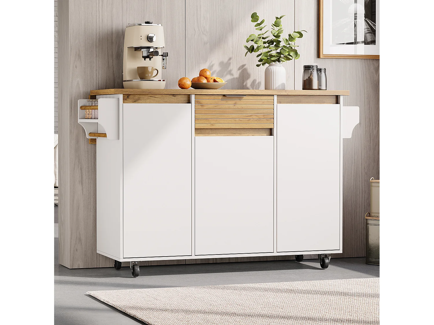 Îlot central de cuisine mobile - table à manger pliable - avec 3 portes et 1 tiroir - avec roulettes verrouillables - Blanc