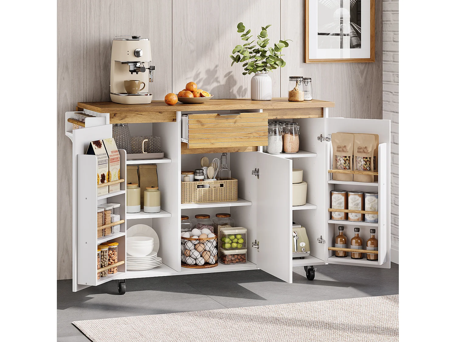 Îlot central de cuisine mobile - table à manger pliable - avec 3 portes et 1 tiroir - avec roulettes verrouillables - Blanc
