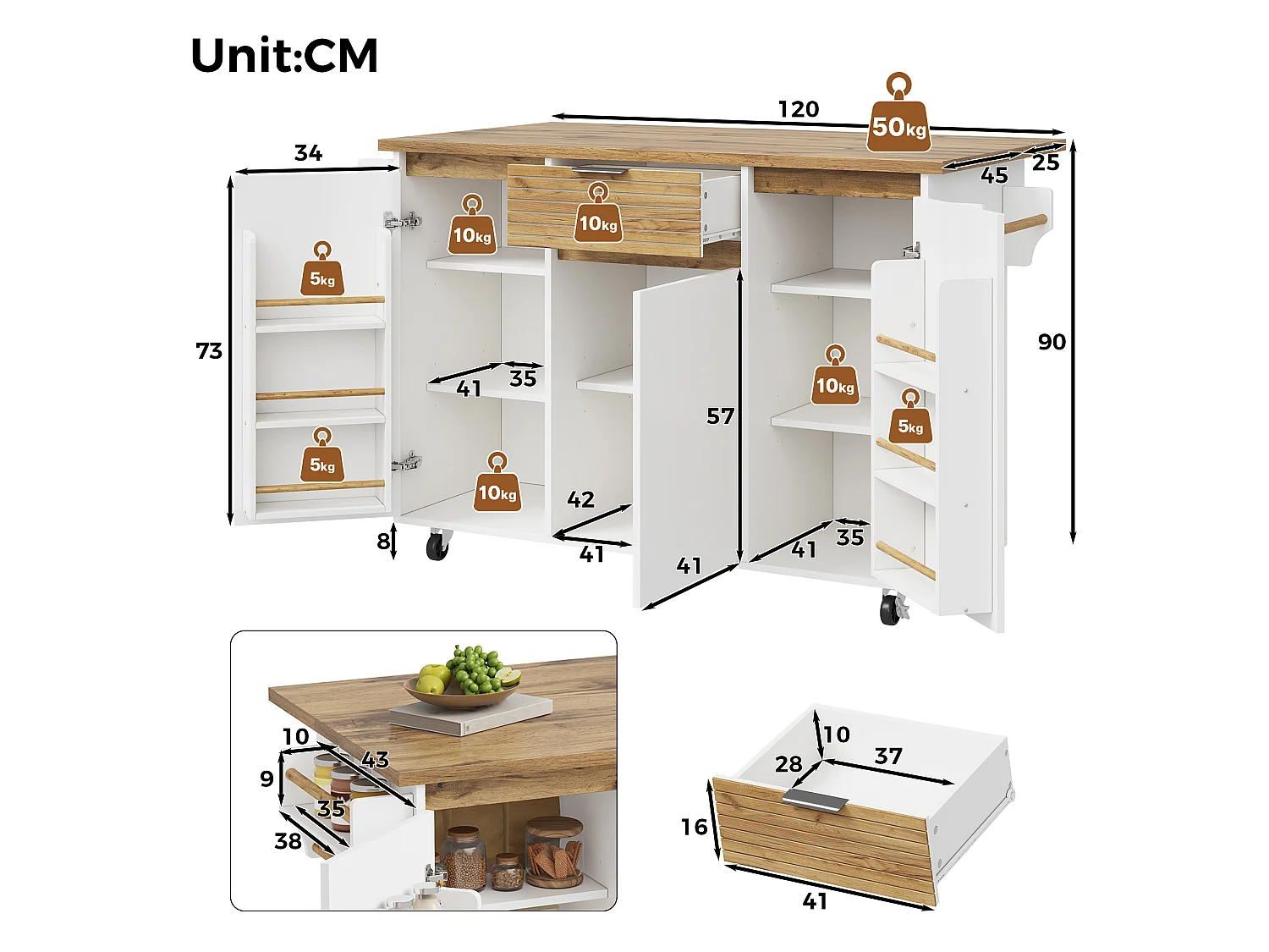 Îlot central de cuisine mobile - table à manger pliable - avec 3 portes et 1 tiroir - avec roulettes verrouillables - Blanc
