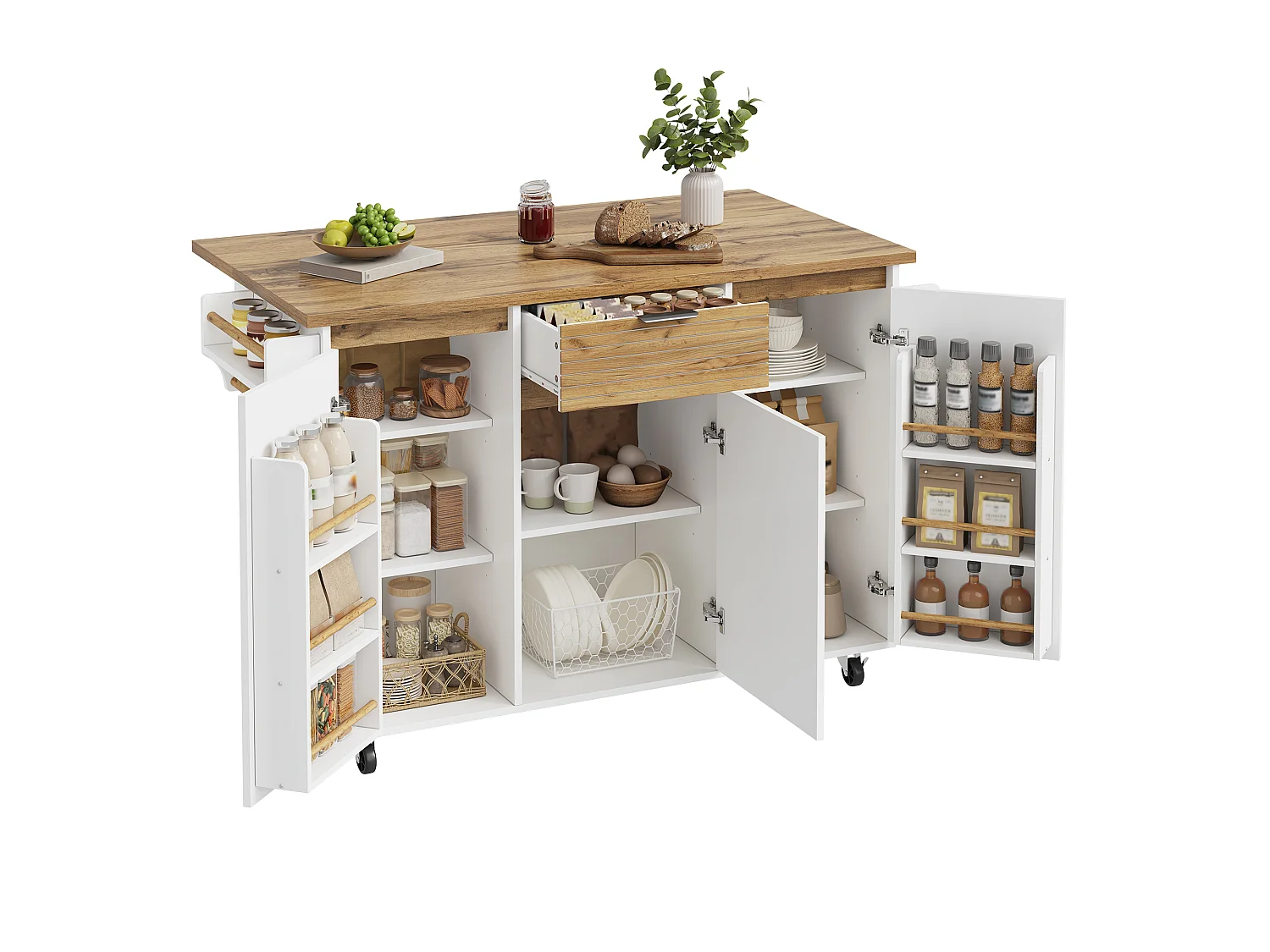 Îlot central de cuisine mobile - table à manger pliable - avec 3 portes et 1 tiroir - avec roulettes verrouillables - Blanc
