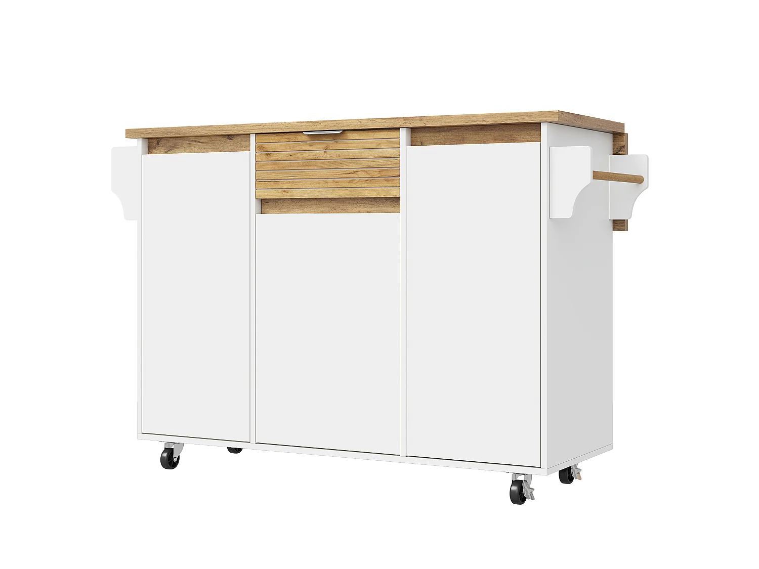 Îlot central de cuisine mobile - table à manger pliable - avec 3 portes et 1 tiroir - avec roulettes verrouillables - Blanc