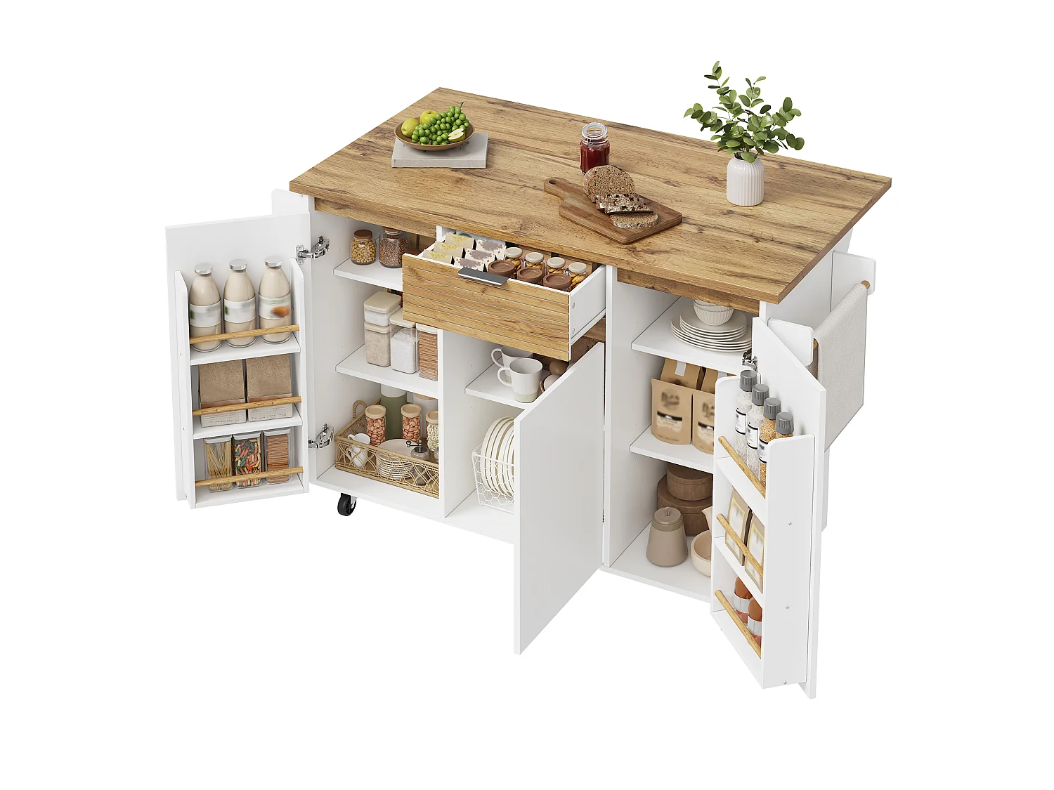Îlot central de cuisine mobile - table à manger pliable - avec 3 portes et 1 tiroir - avec roulettes verrouillables - Blanc