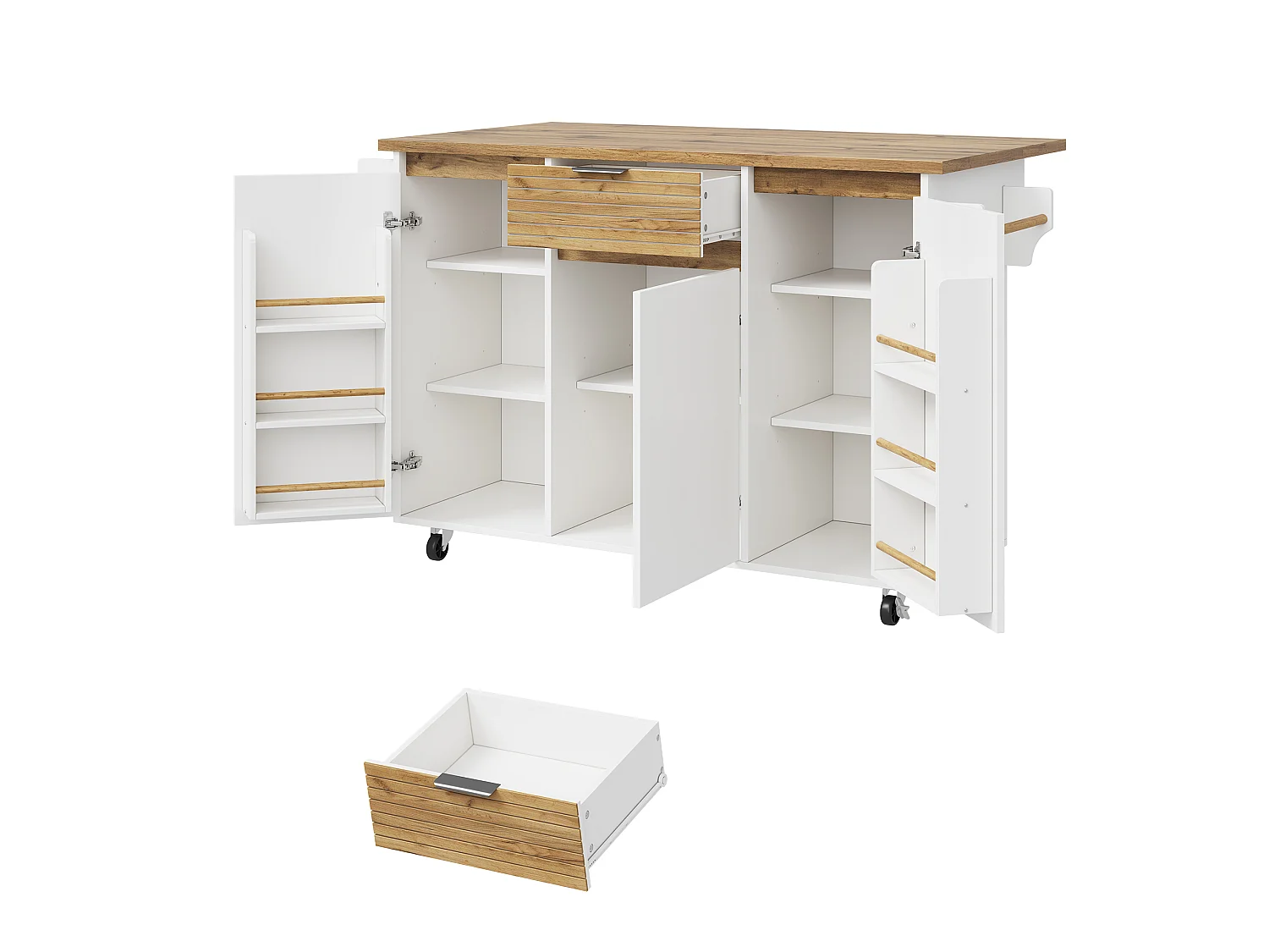 Îlot central de cuisine mobile - table à manger pliable - avec 3 portes et 1 tiroir - avec roulettes verrouillables - Blanc