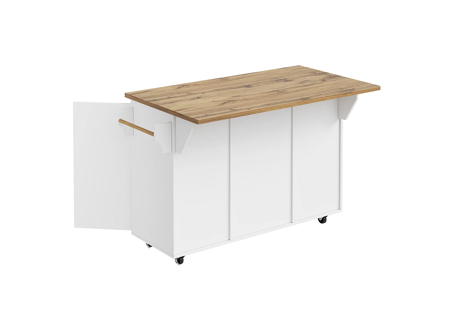 Îlot central de cuisine mobile - table à manger pliable - avec 3 portes et 1 tiroir - avec roulettes verrouillables - Blanc