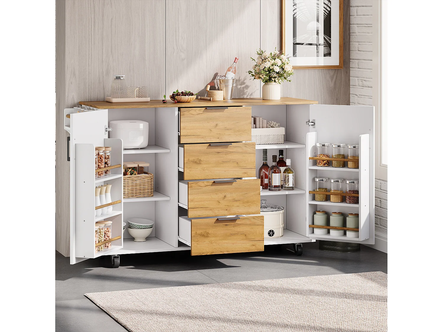 Îlot central de cuisine mobile - table à manger pliable - avec 2 portes et 4 tiroirs - avec roulettes verrouillables - Blanc