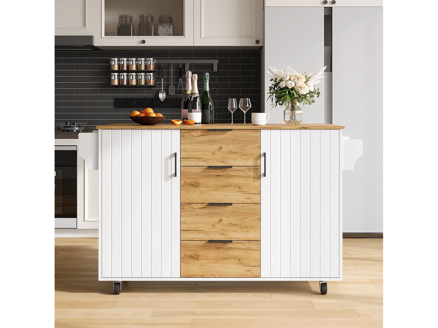 Îlot central de cuisine mobile - table à manger pliable - avec 2 portes et 4 tiroirs - avec roulettes verrouillables - Blanc