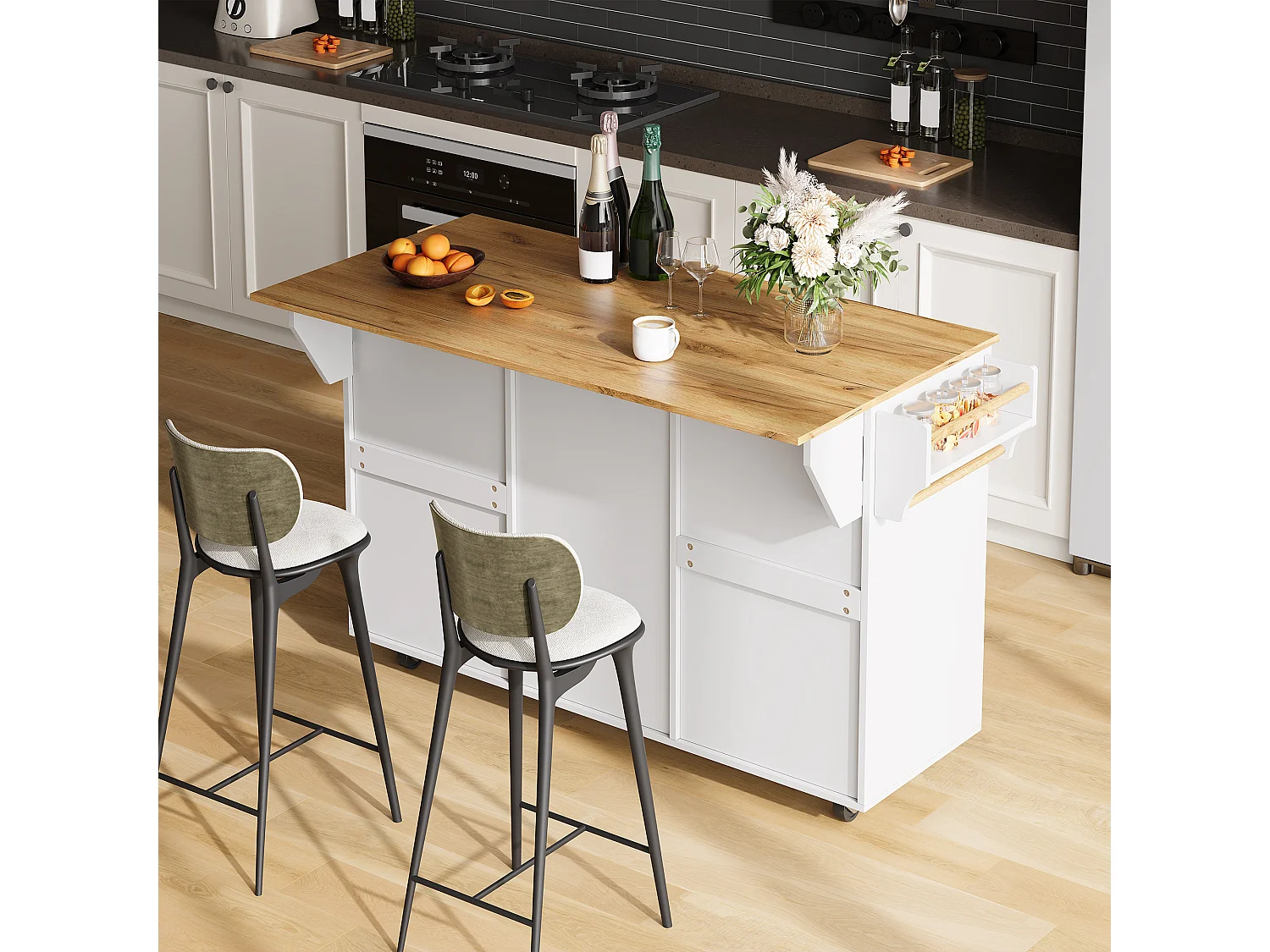 Îlot central de cuisine mobile - table à manger pliable - avec 2 portes et 4 tiroirs - avec roulettes verrouillables - Blanc