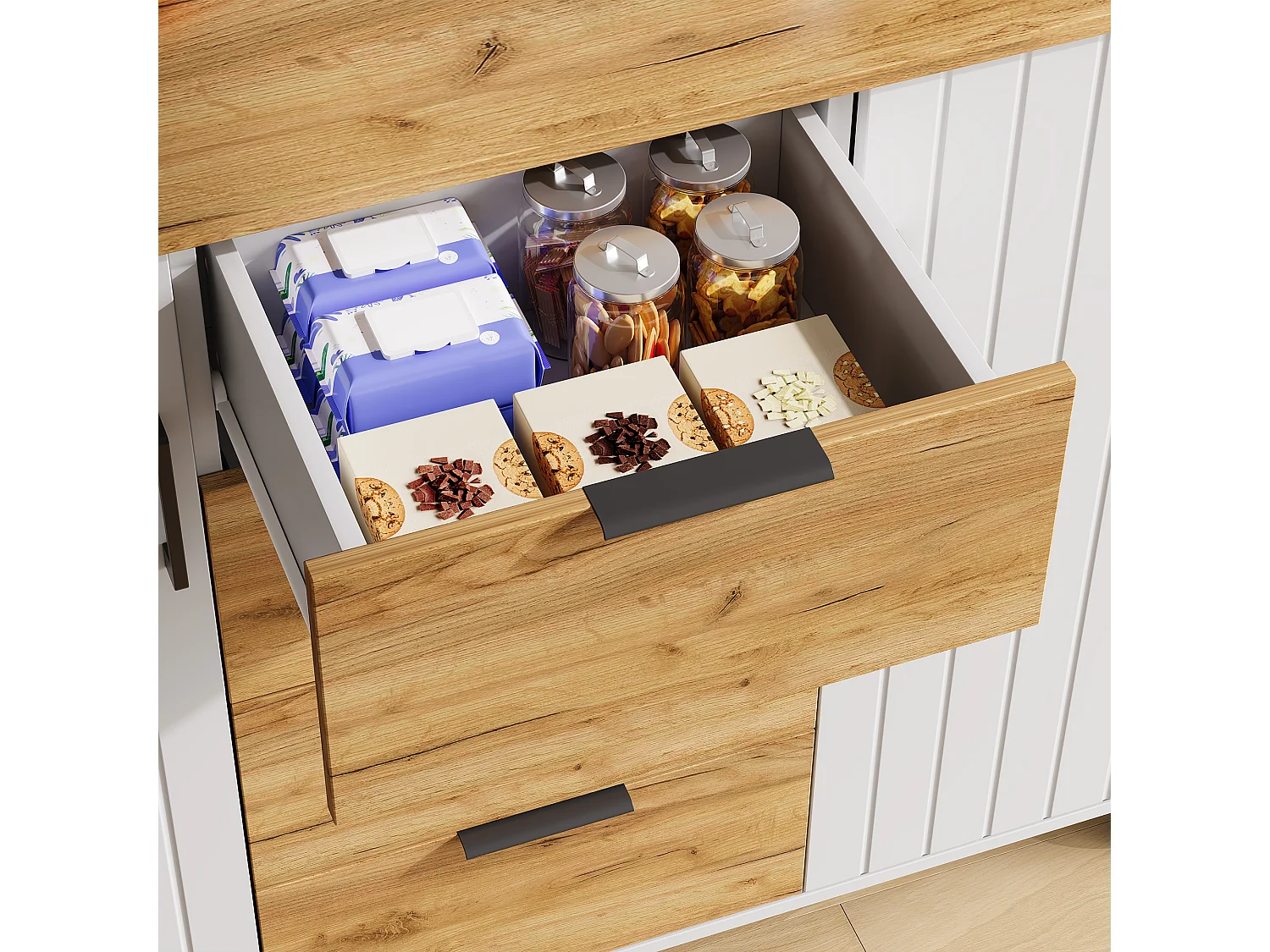 Îlot central de cuisine mobile - table à manger pliable - avec 2 portes et 4 tiroirs - avec roulettes verrouillables - Blanc