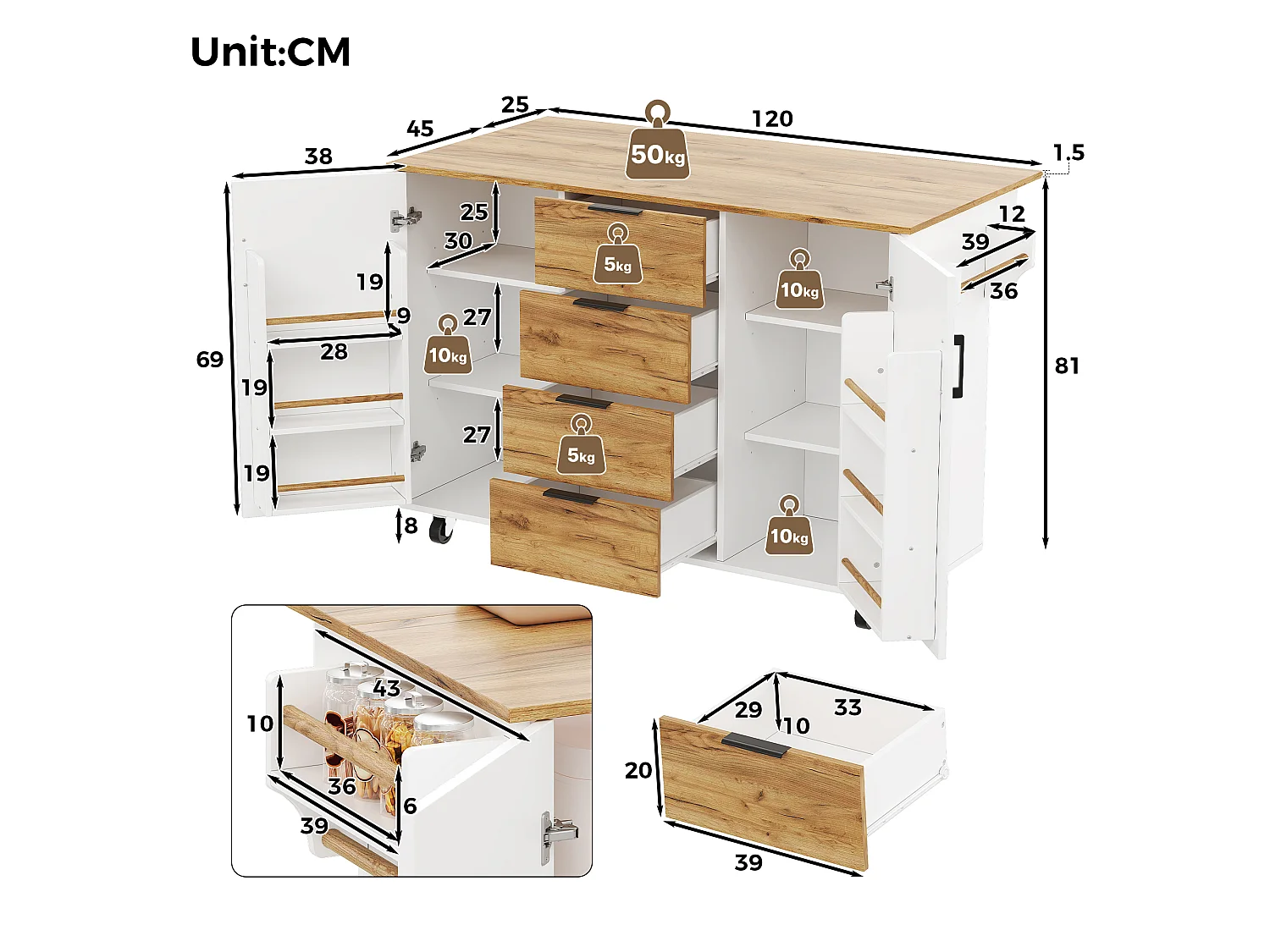 Îlot central de cuisine mobile - table à manger pliable - avec 2 portes et 4 tiroirs - avec roulettes verrouillables - Blanc