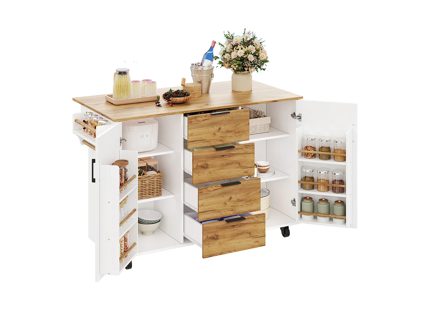 Îlot central de cuisine mobile - table à manger pliable - avec 2 portes et 4 tiroirs - avec roulettes verrouillables - Blanc