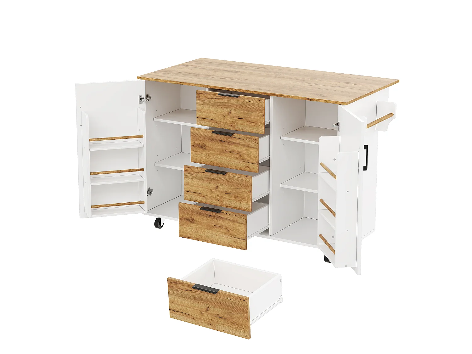 Îlot central de cuisine mobile - table à manger pliable - avec 2 portes et 4 tiroirs - avec roulettes verrouillables - Blanc