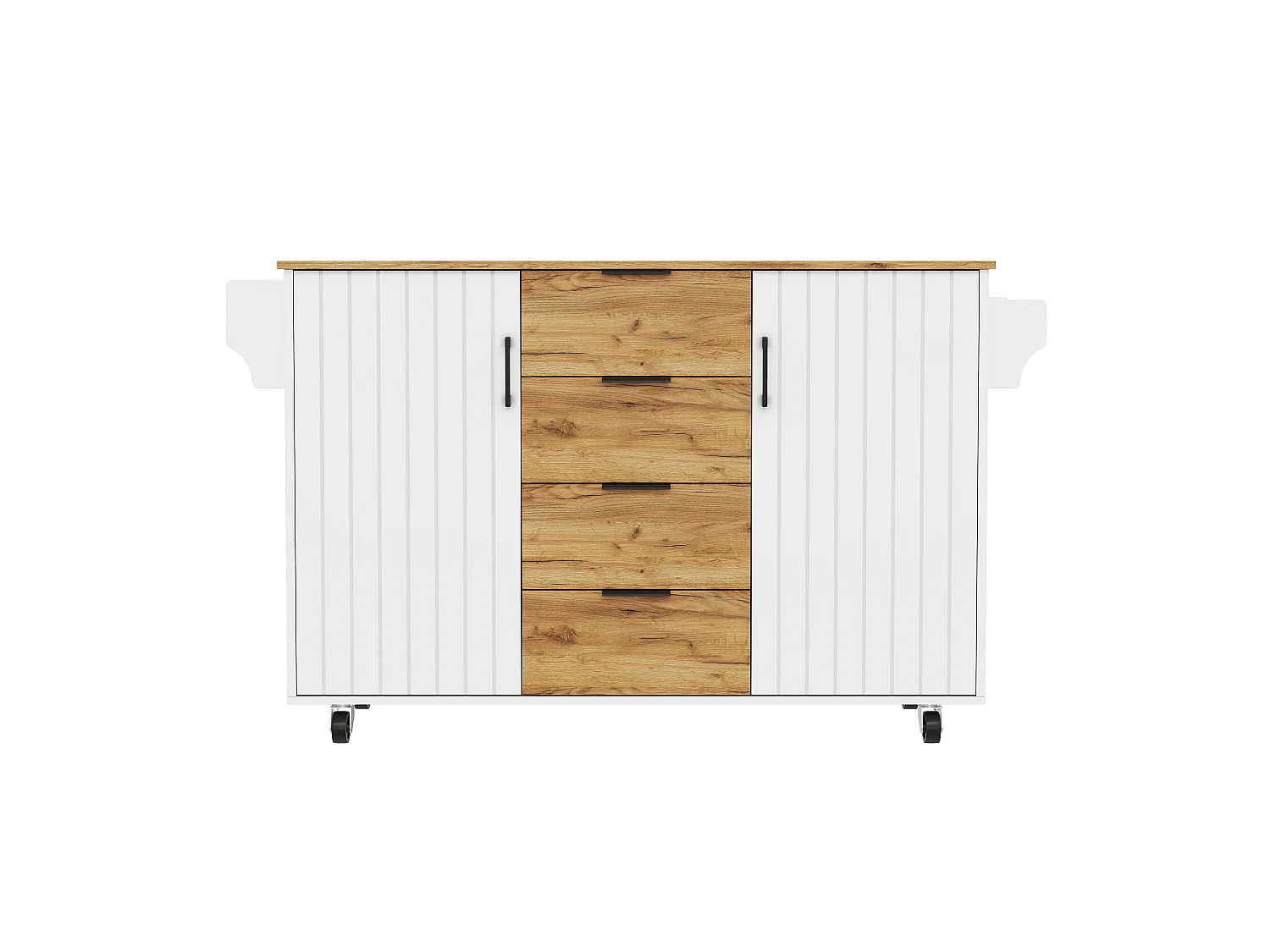Îlot central de cuisine mobile - table à manger pliable - avec 2 portes et 4 tiroirs - avec roulettes verrouillables - Blanc