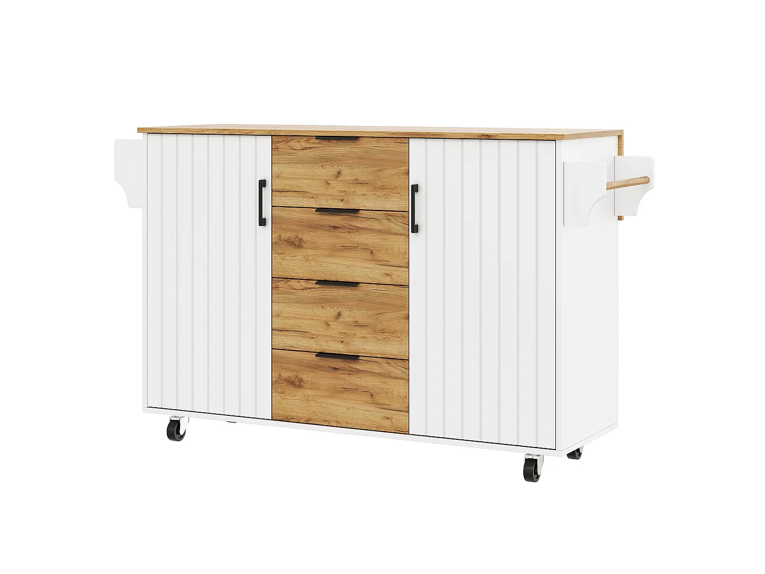 Îlot central de cuisine mobile - table à manger pliable - avec 2 portes et 4 tiroirs - avec roulettes verrouillables - Blanc