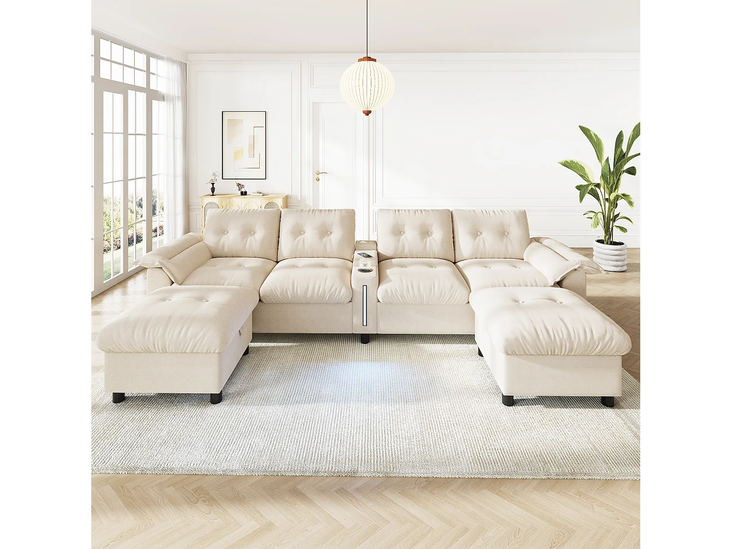 Canapé d'angle 6 places en forme de U ou de L – Inclut 2 poufs de rangement mobiles – Équipé de ports USB/Type-C et d'un éclairage LED – Gris