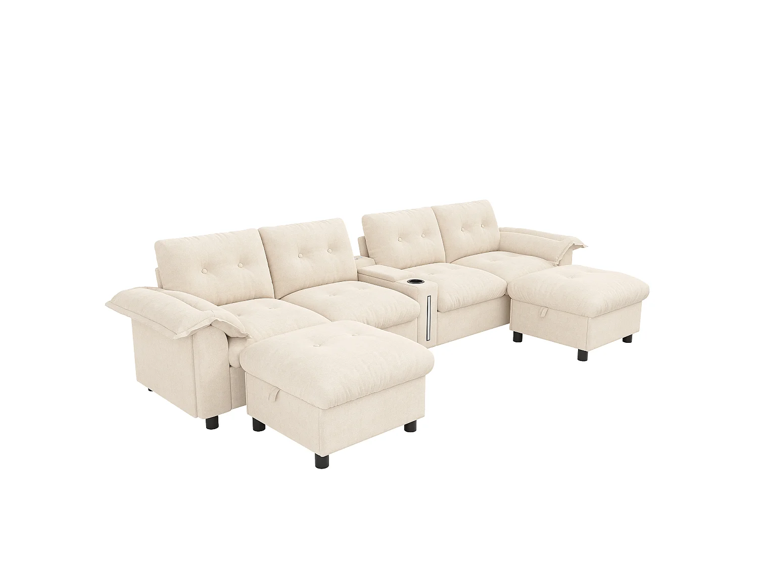 Canapé d'angle 6 places en forme de U ou de L – Inclut 2 poufs de rangement mobiles – Équipé de ports USB/Type-C et d'un éclairage LED – Gris