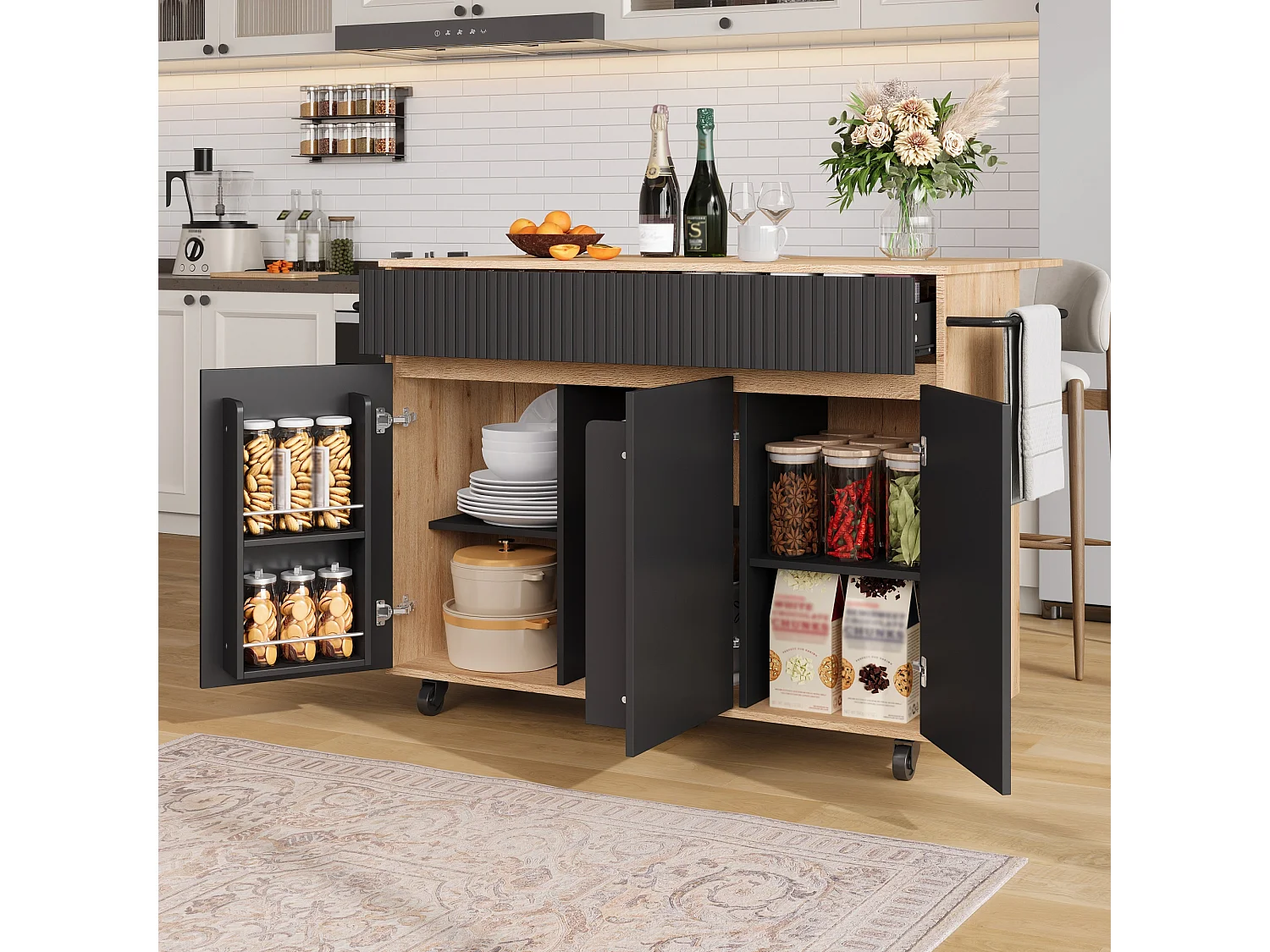 Îlot central de cuisine mobile - table à manger pliable - avec 3 portes et 2 tiroirs - avec roulettes verrouillables - Noir